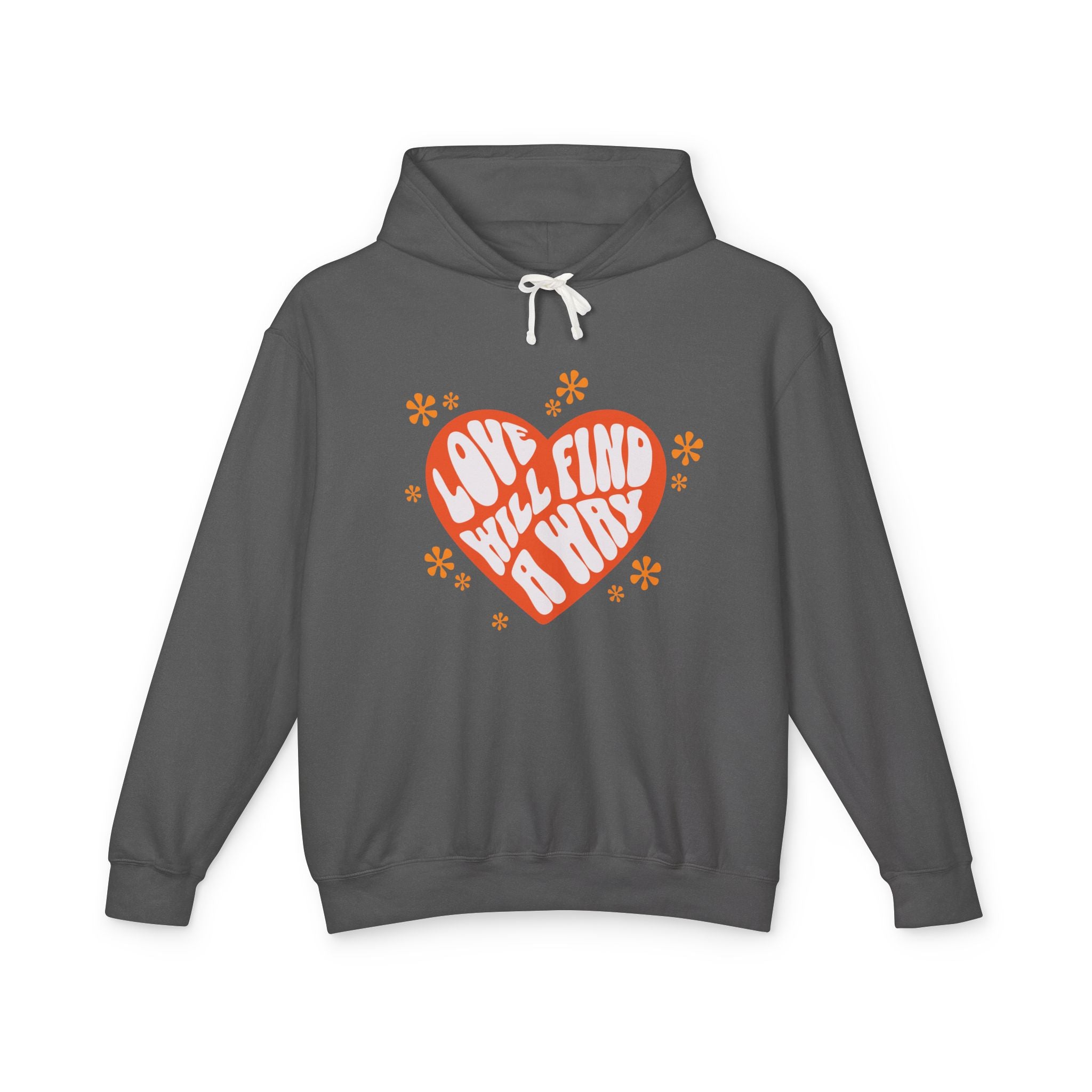 Gray hoodie with a red heart design and text on a white background