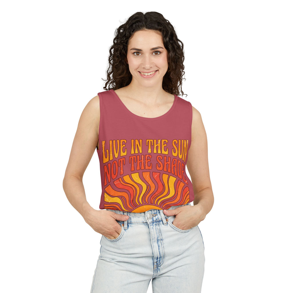 Live in the Sun Tank Top — "Live in the Sun Not the Shade" Retro Sunshine Graphic