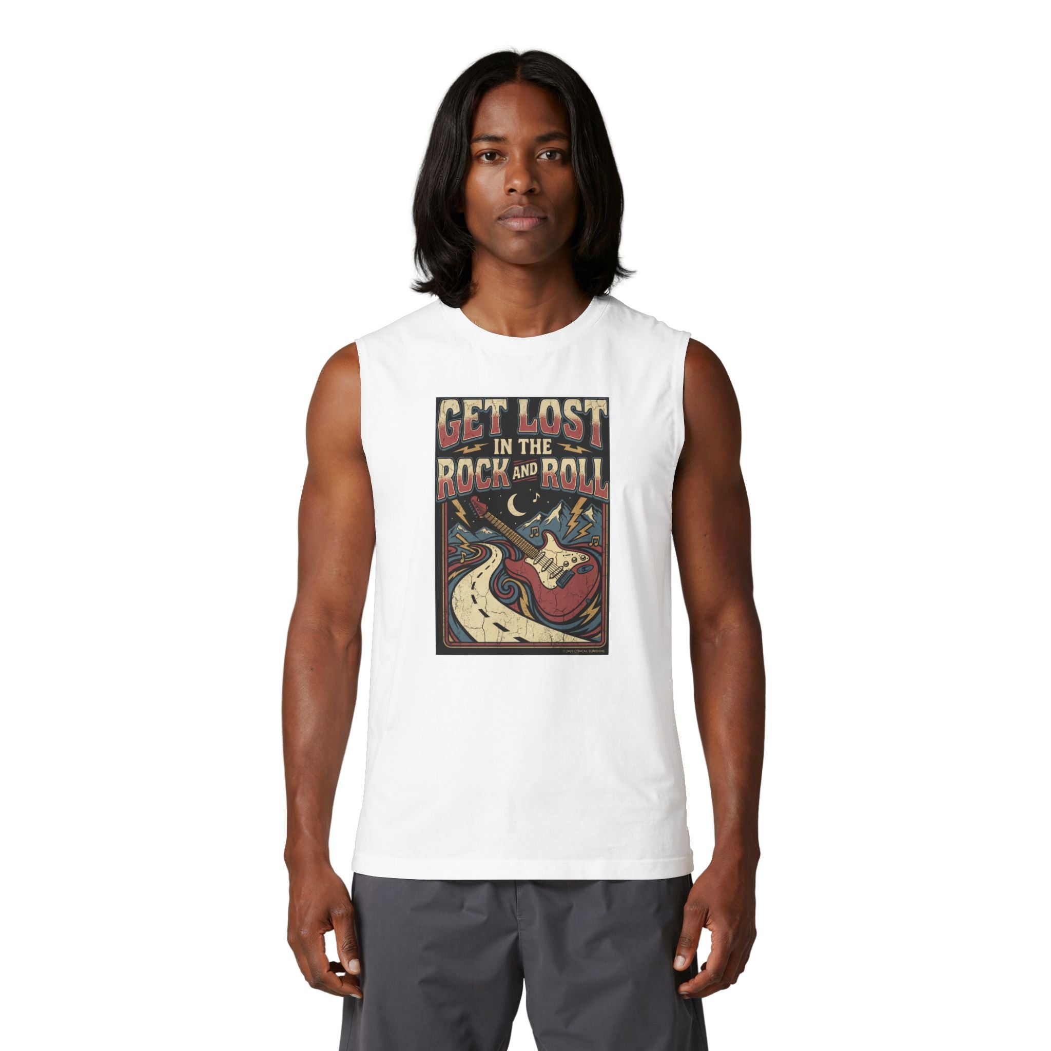 Rock & Roll Muscle Tank Top — "Get Lost in the Rock and Roll" Vintage Guitar Tee