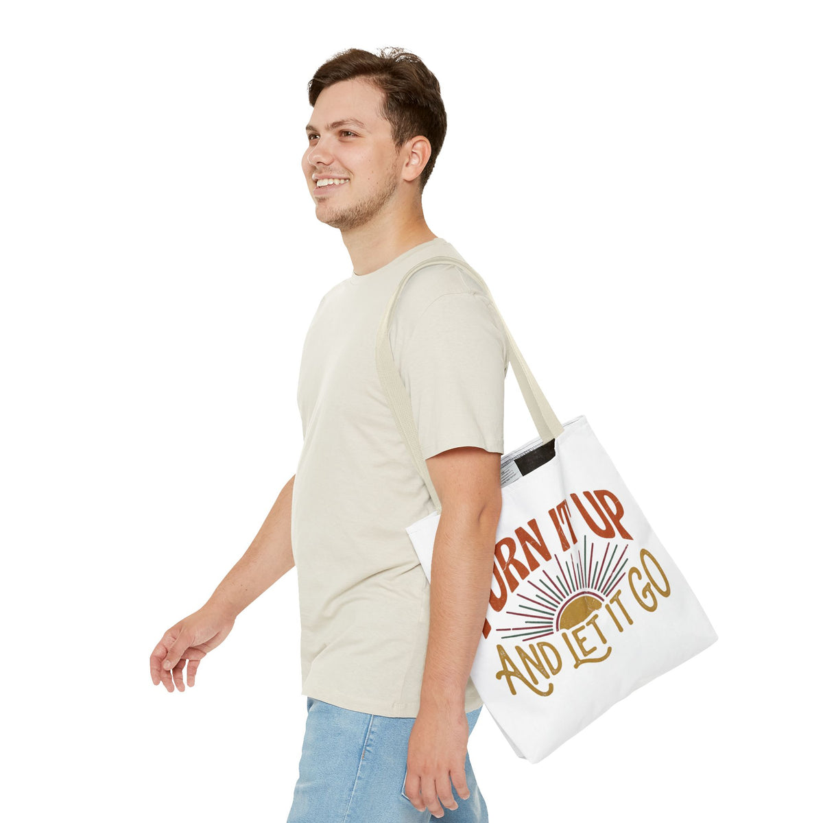 Tote — "Turn It Up and Let It Go" Retro Sunset Tote Bag