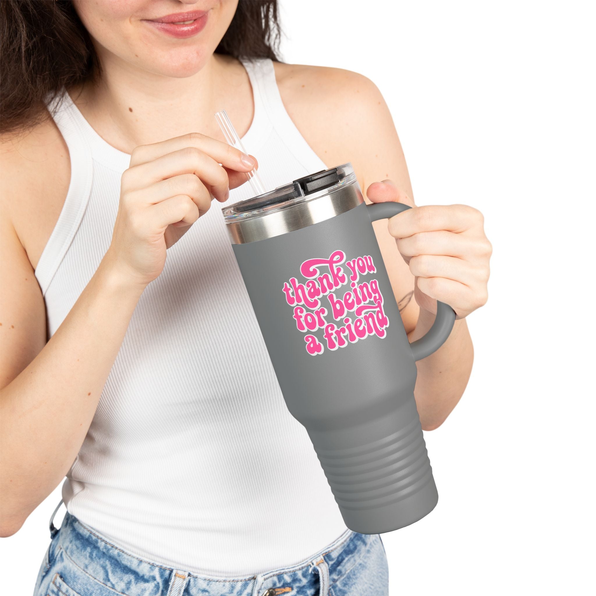40oz Insulated Travel Mug — Pink Retro "Thank You For Being A Friend" Design