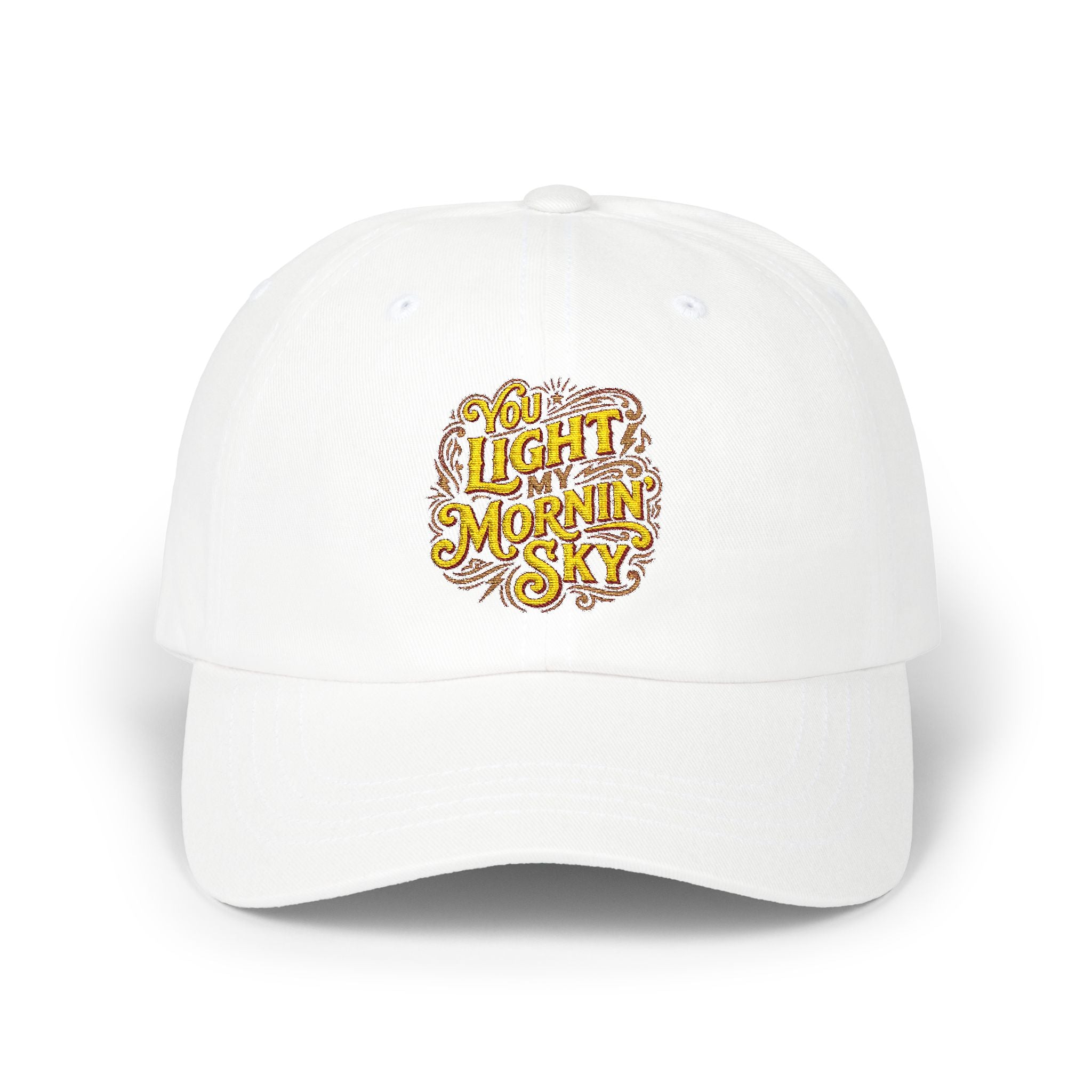White cap with yellow text on a white background