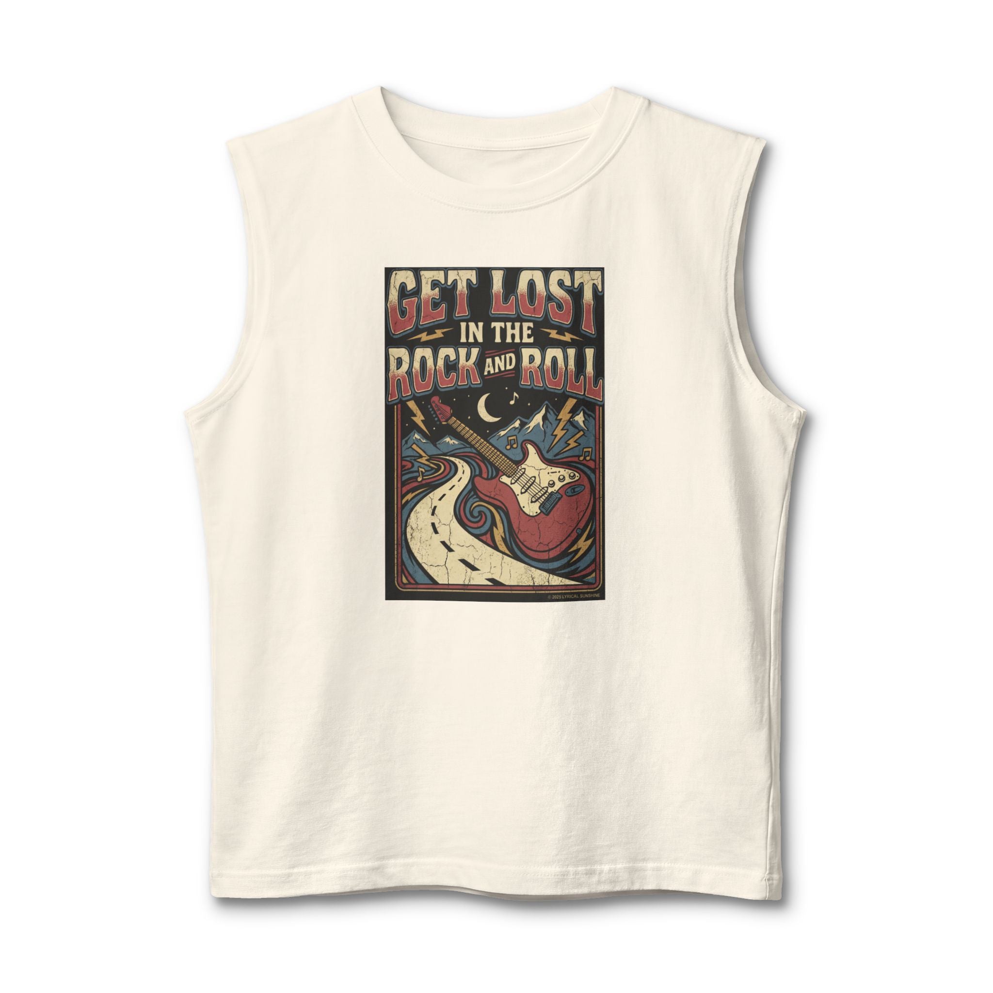 Rock & Roll Muscle Tank Top — "Get Lost in the Rock and Roll" Vintage Guitar Tee