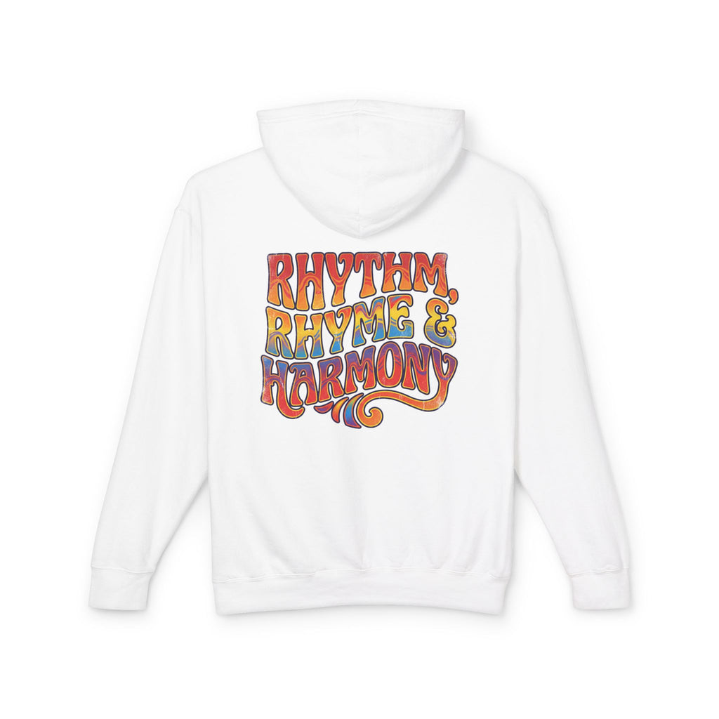 Rhythm Rhyme & Harmony Hoodie — Retro Music Graphic Pullover