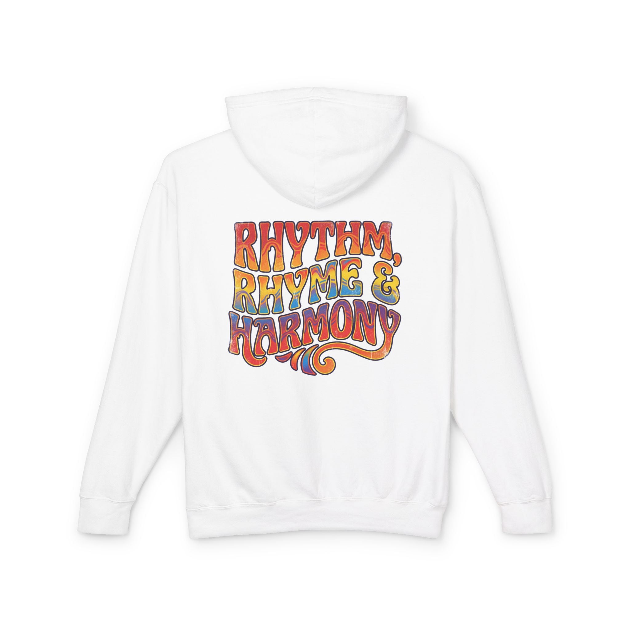Rhythm Rhyme & Harmony Hoodie — Retro Music Graphic Pullover