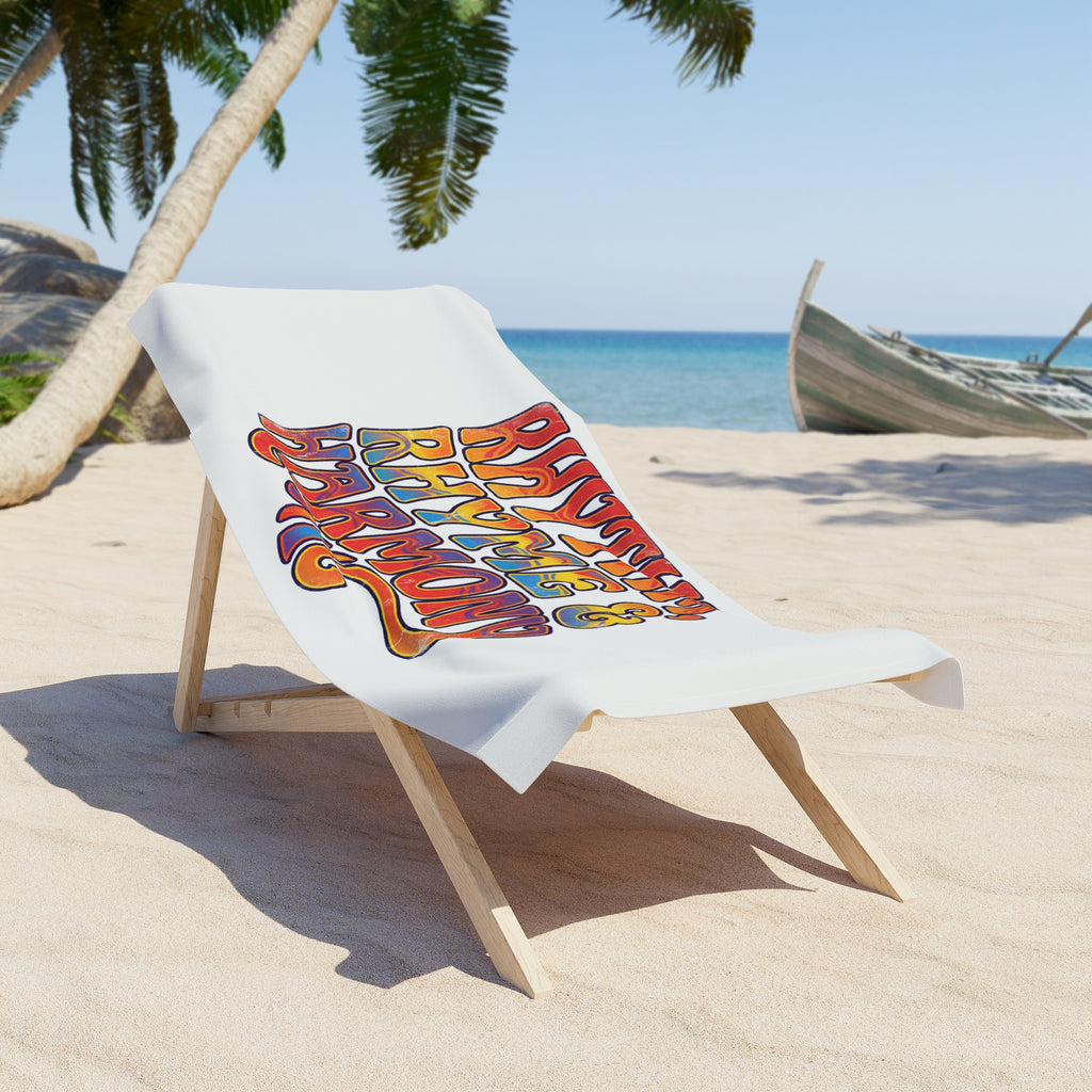Rhythm Rhyme & Harmony Beach Towel — Retro Music Vibe, Colorful Hippie Graphic