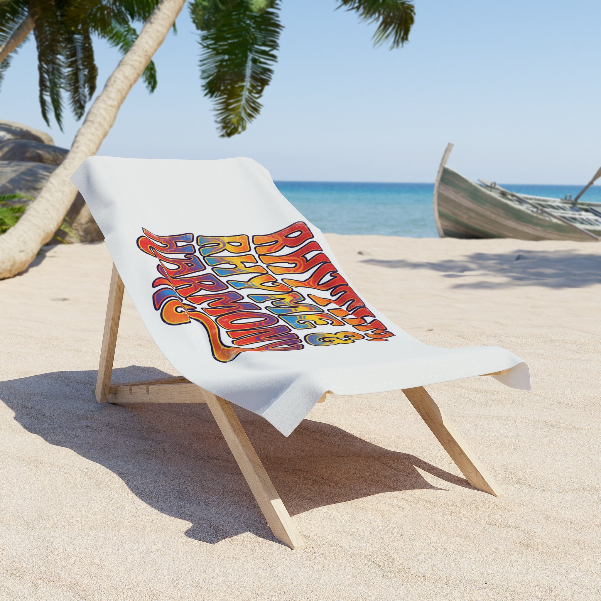 Rhythm Rhyme & Harmony Beach Towel — Retro Music Vibe, Colorful Hippie Graphic
