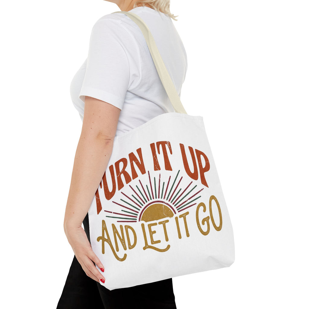 Tote — "Turn It Up and Let It Go" Retro Sunset Tote Bag