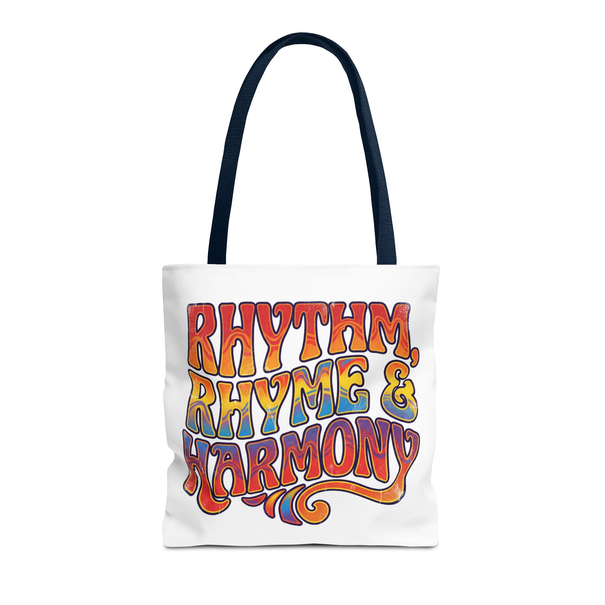Tote bag with 'Rhythm, Rhyme & Harmony' text in colorful letters on a white background