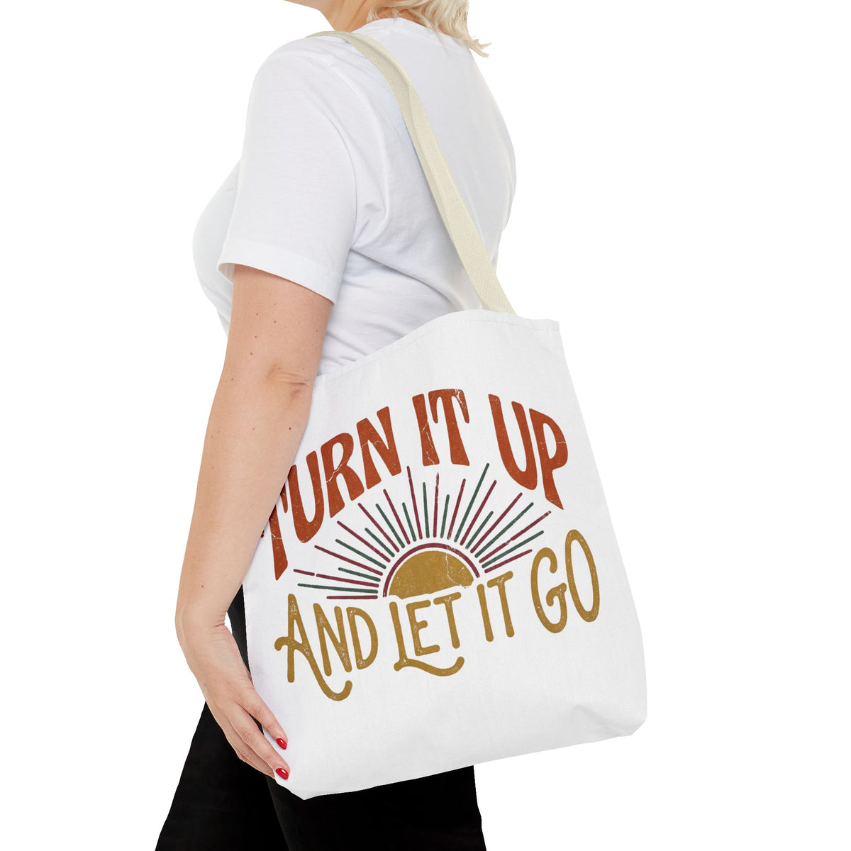 Tote — "Turn It Up and Let It Go" Retro Sunset Tote Bag