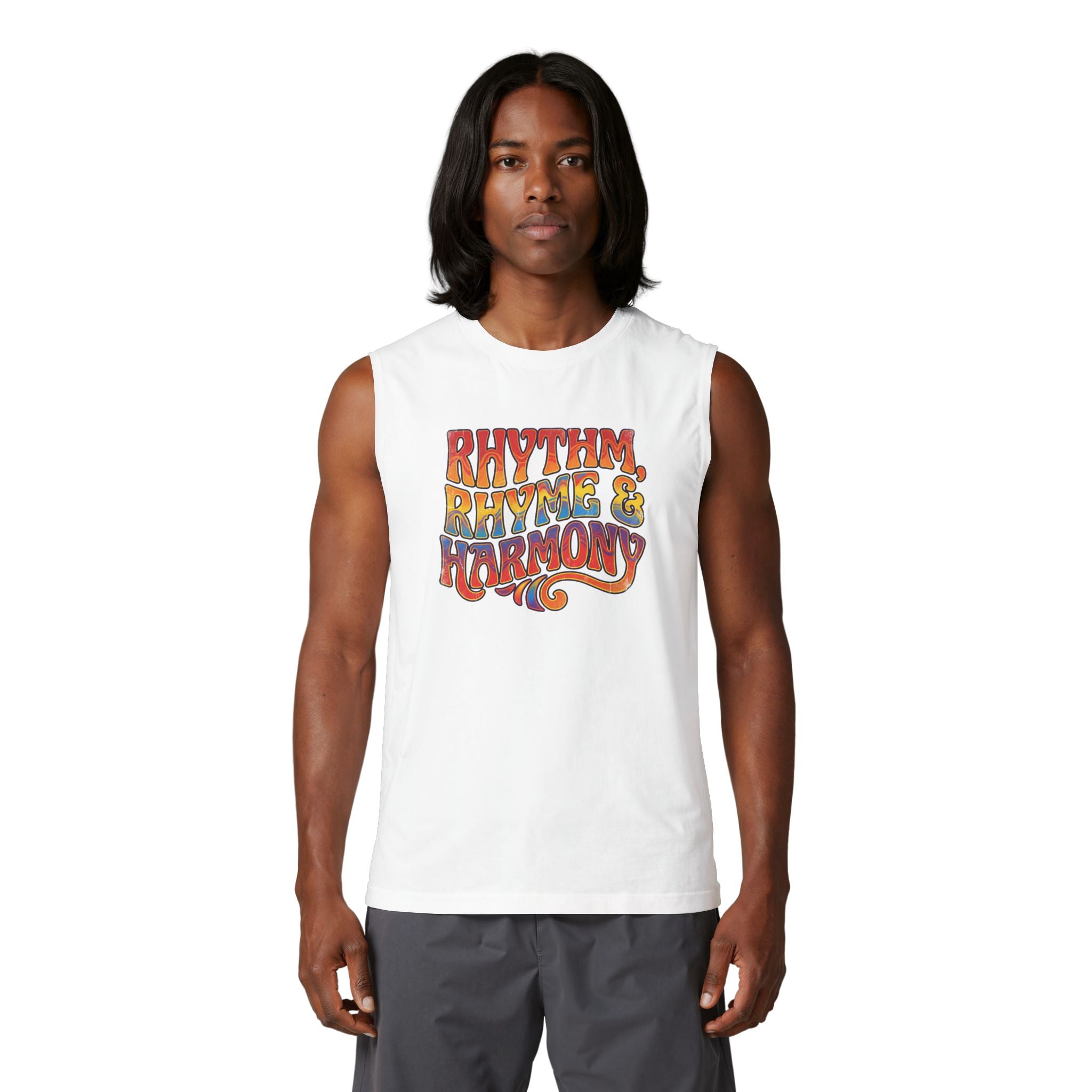 Rhythm Rhyme & Harmony Muscle Tank — Retro Music Festival Tank Top