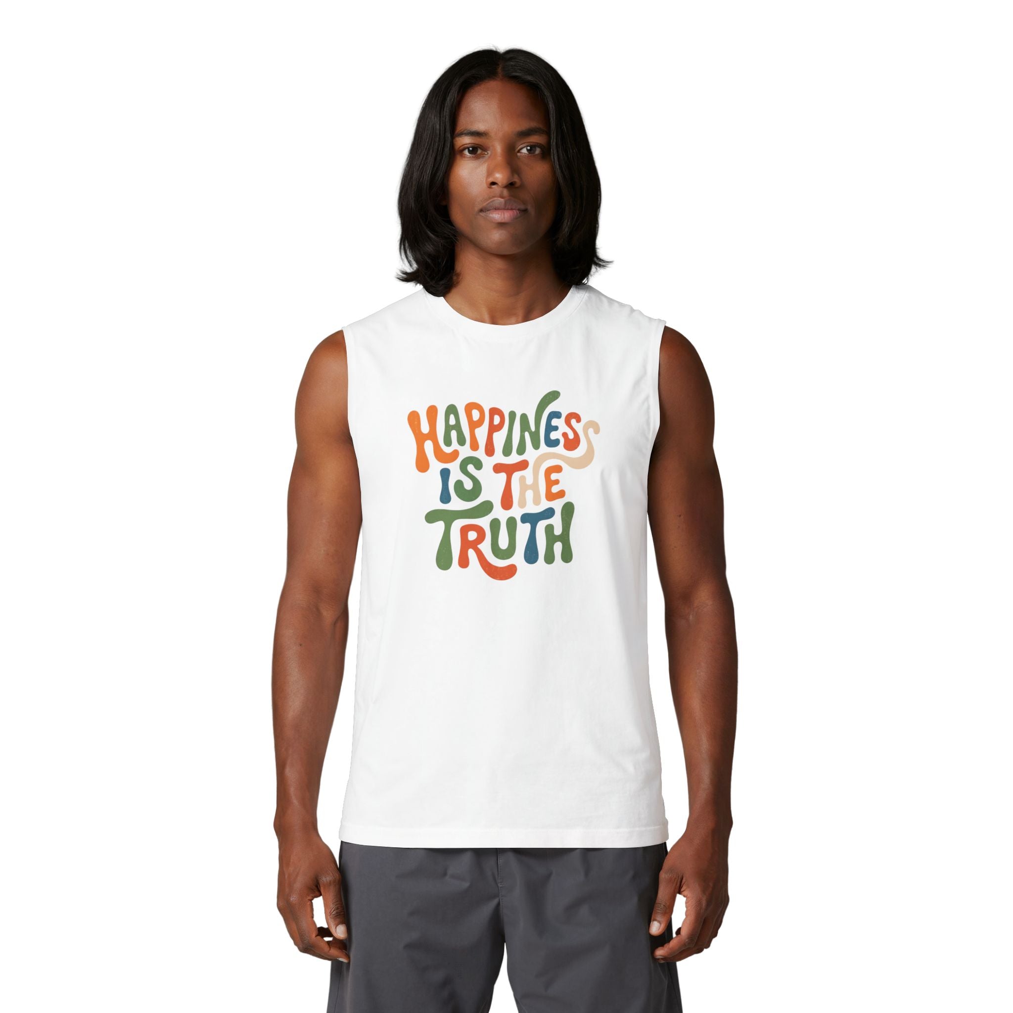 Happiness Is The Truth Muscle Tank — Retro Positive Quote Tank Top