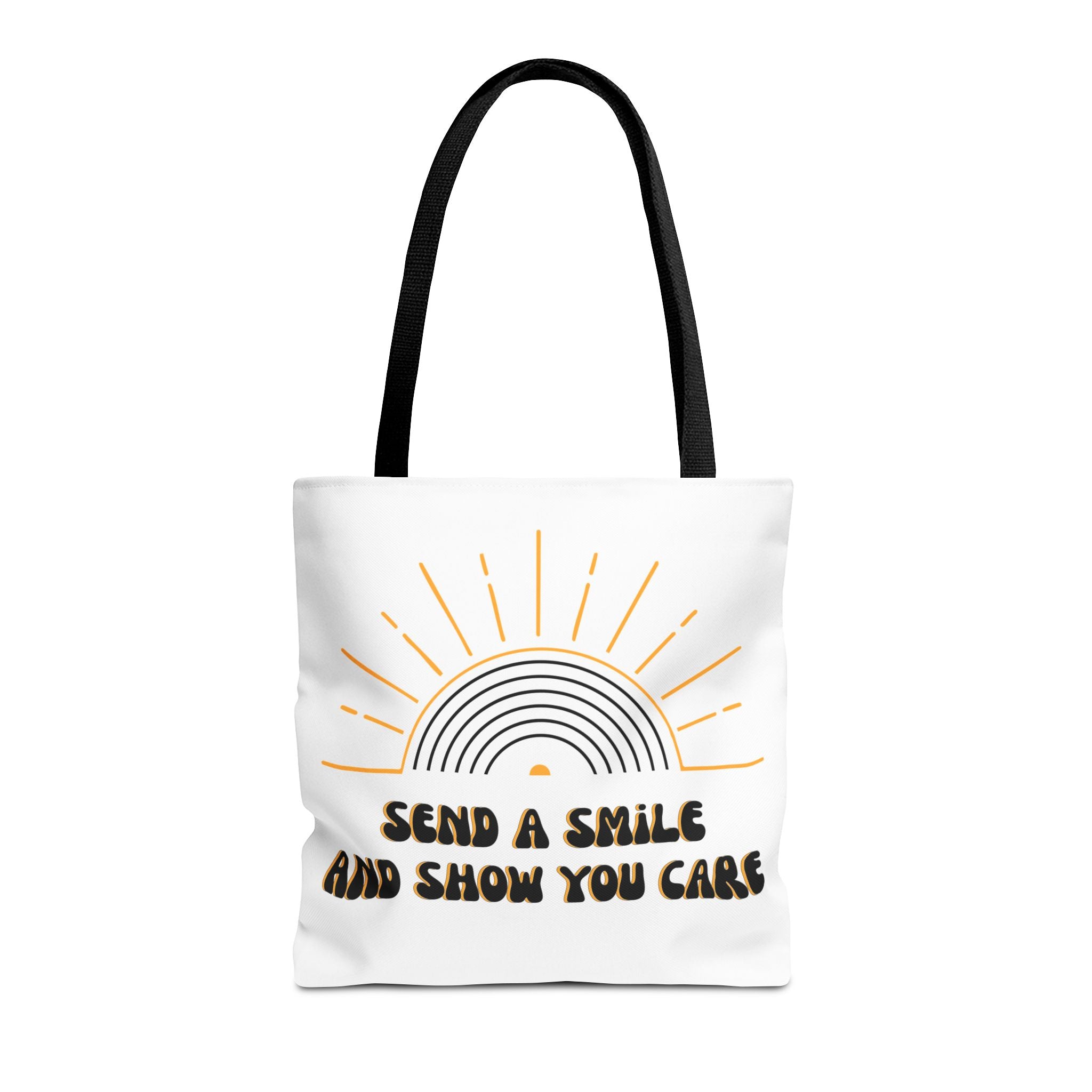 Tote bag with sun design and text 'Send a smile and show you care' on a white background