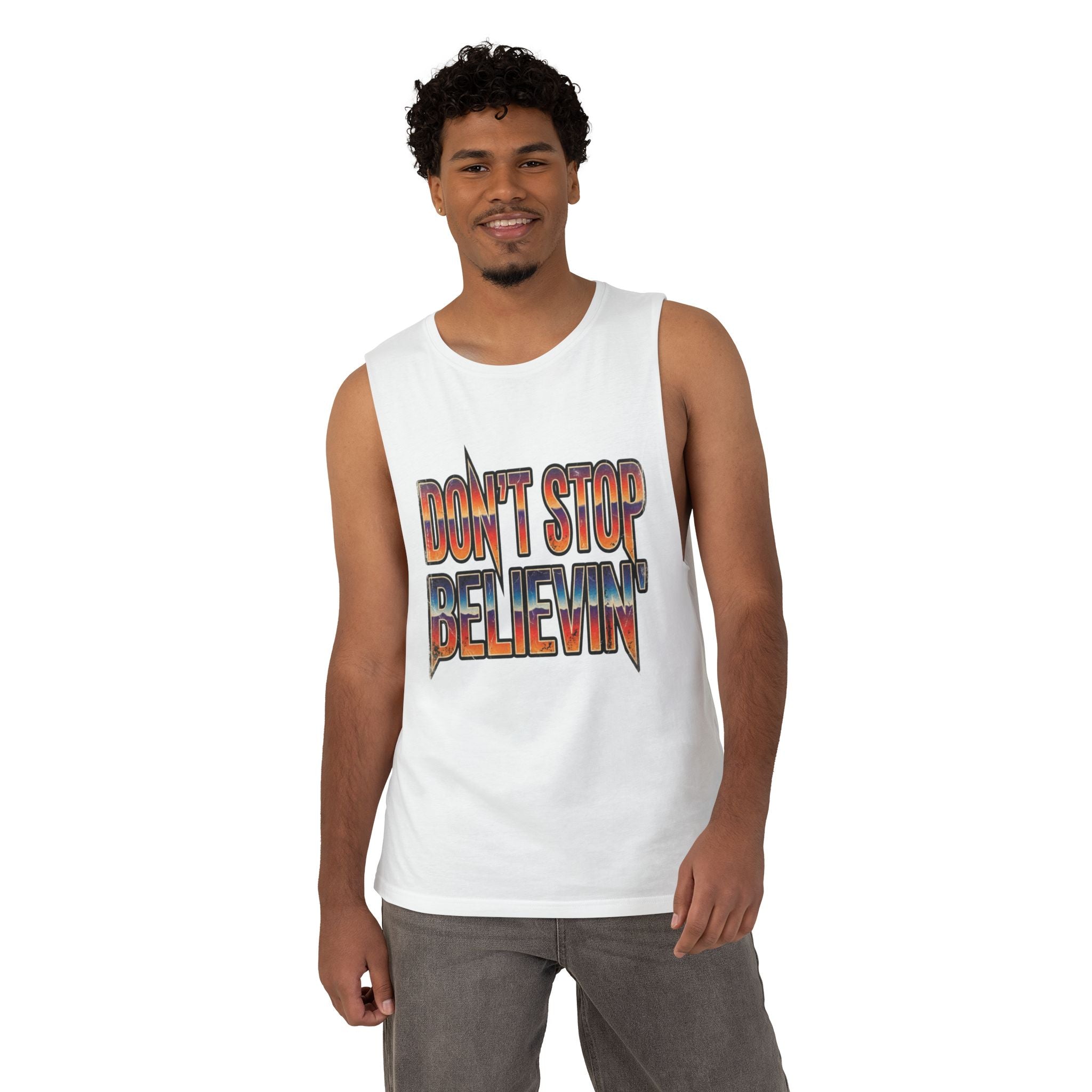 Don't Stop Believin' Tank Top — Retro Sunset Graphic Sleeveless Tee