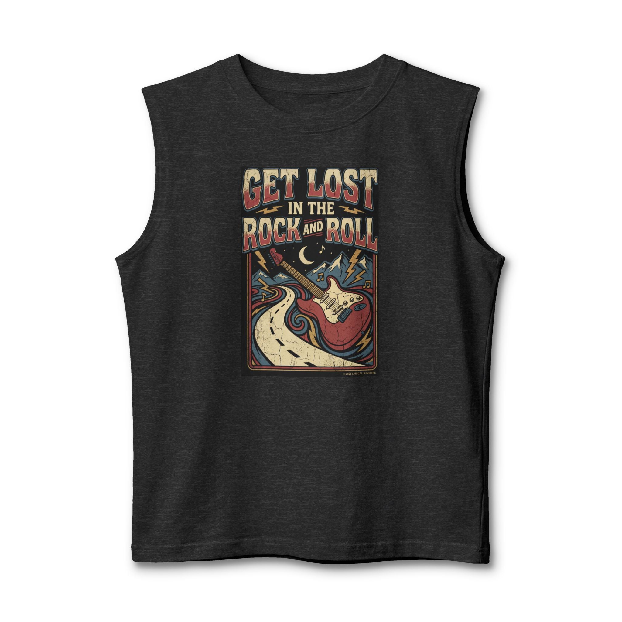 Rock & Roll Muscle Tank Top — "Get Lost in the Rock and Roll" Vintage Guitar Tee
