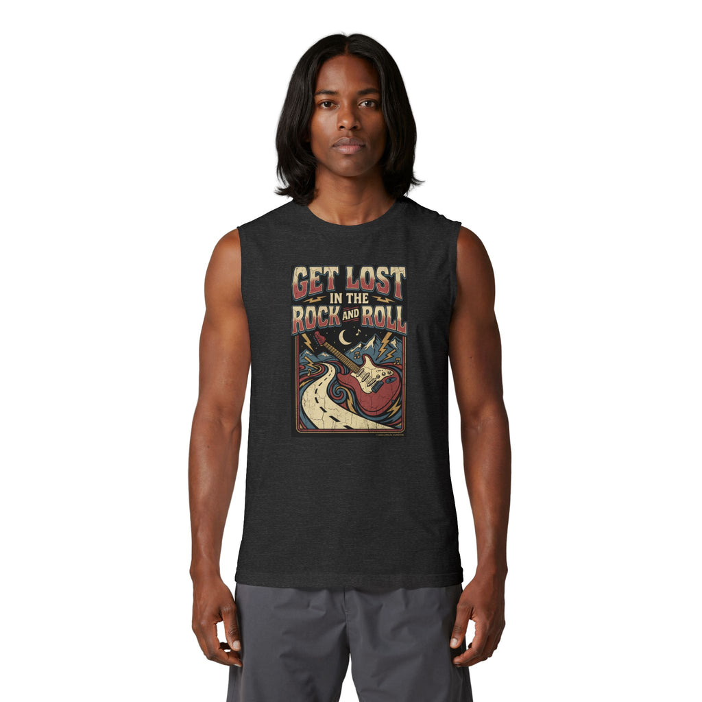 Rock & Roll Muscle Tank Top — "Get Lost in the Rock and Roll" Vintage Guitar Tee