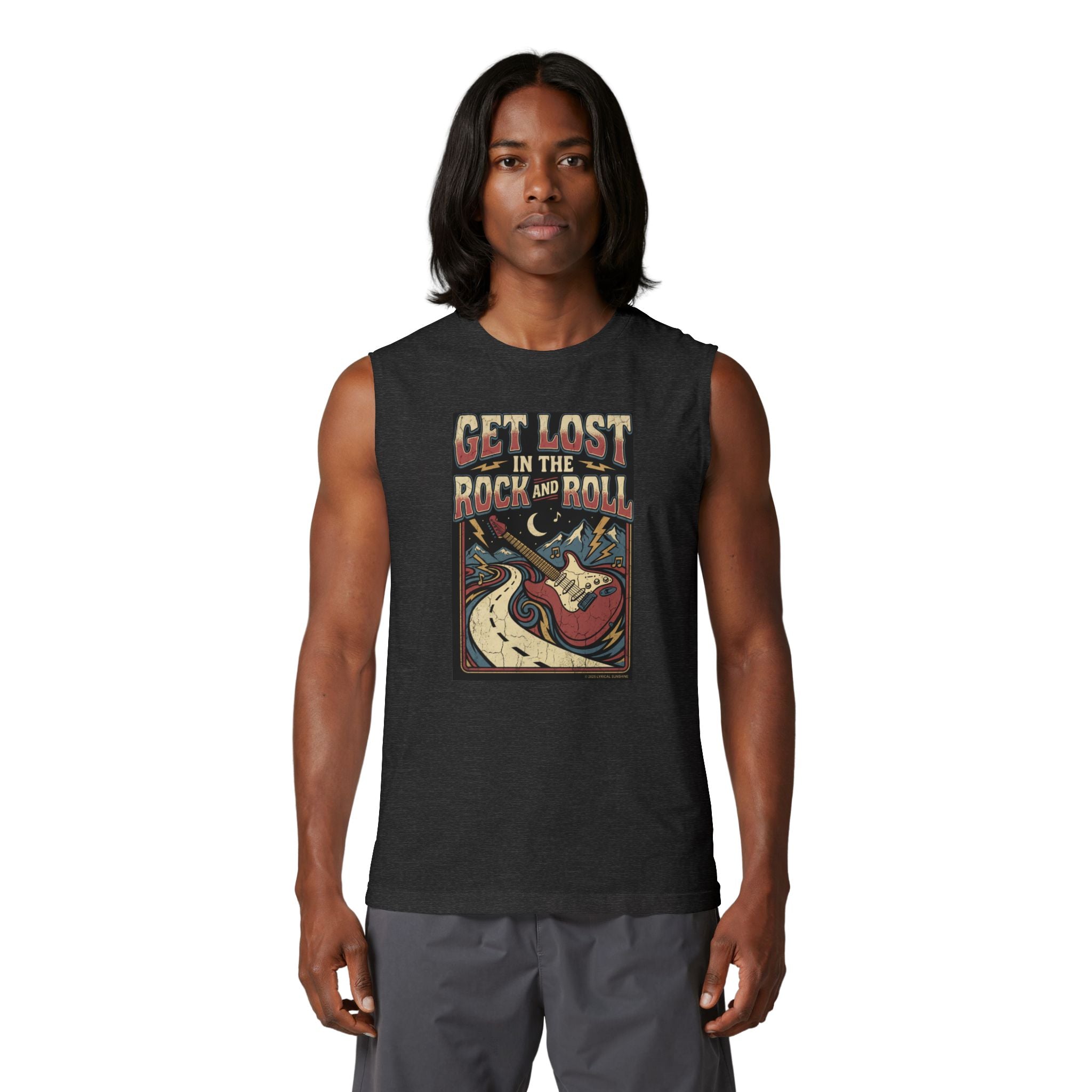 Rock & Roll Muscle Tank Top — "Get Lost in the Rock and Roll" Vintage Guitar Tee