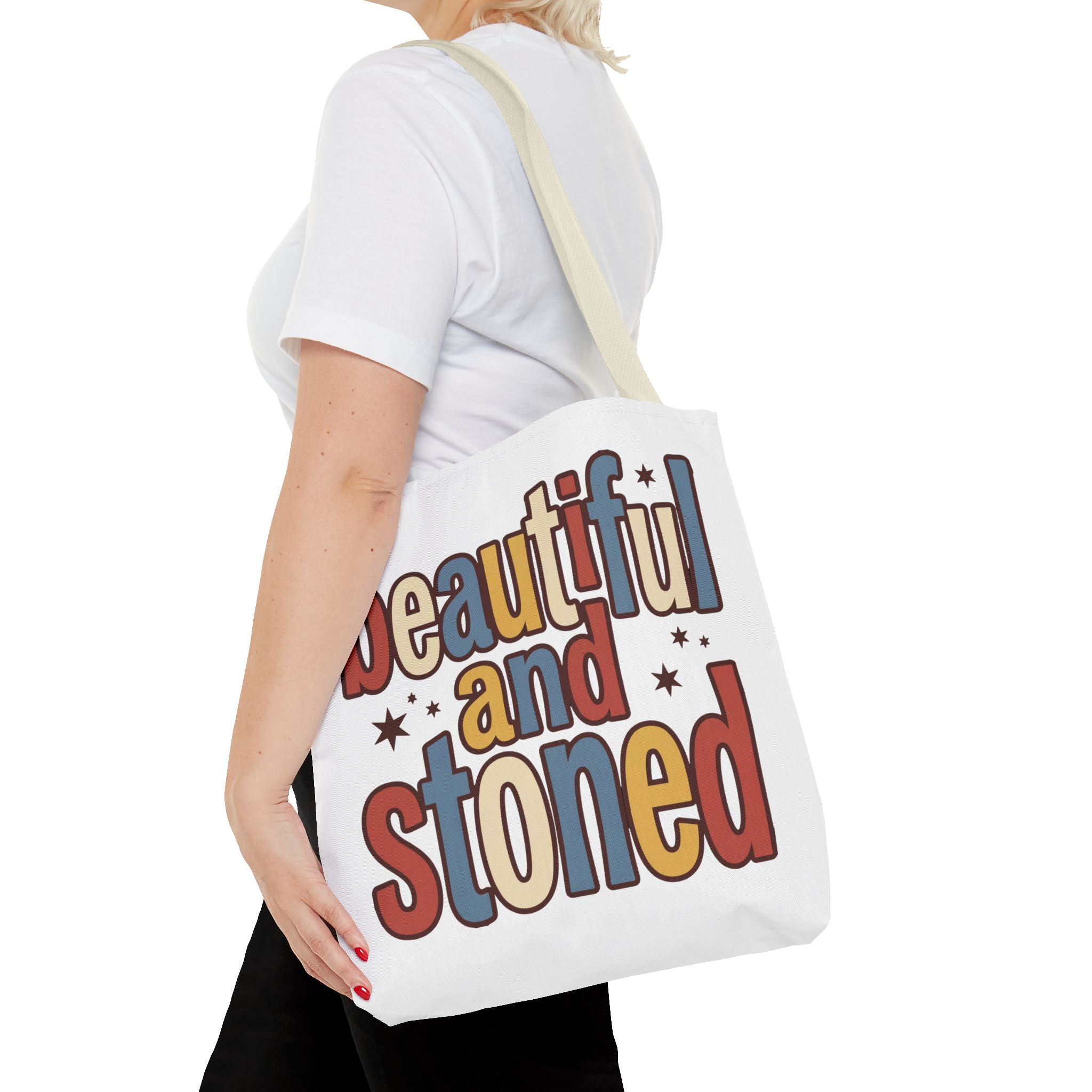 Beautiful and Stoned Tote Bag — Retro Colorful Graphic Cotton Tote