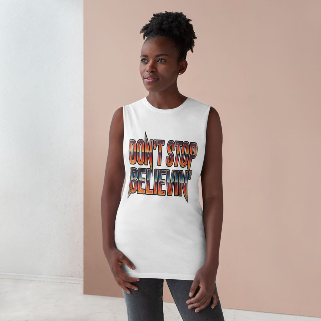 Don't Stop Believin' Tank Top — Retro Sunset Graphic Sleeveless Tee