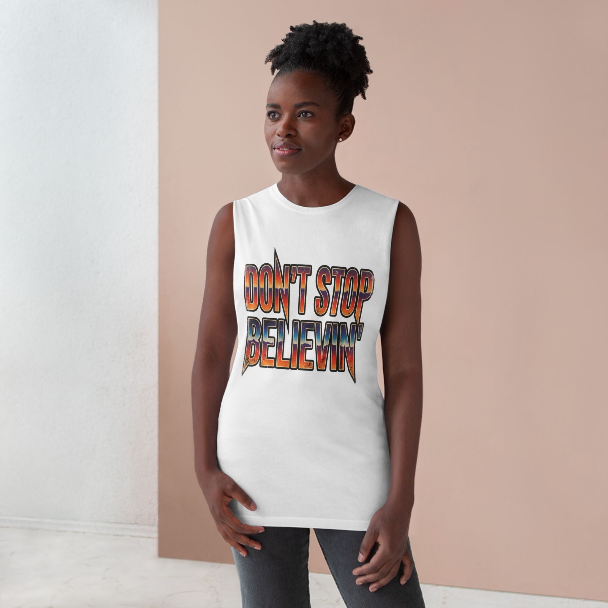 Don't Stop Believin' Tank Top — Retro Sunset Graphic Sleeveless Tee