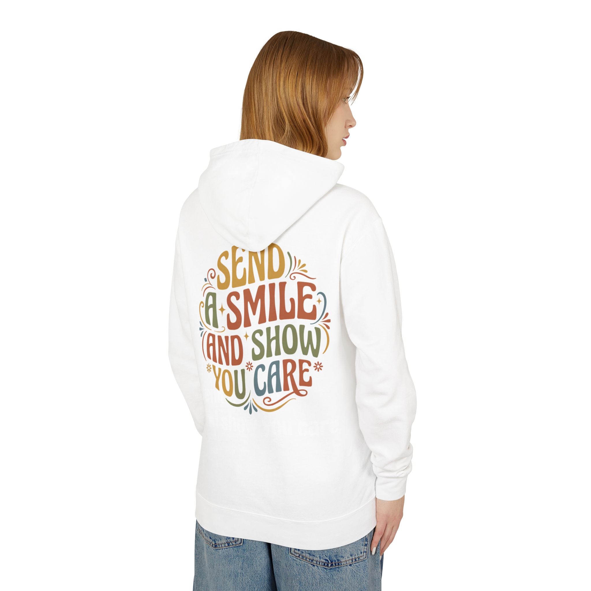 Lightweight Hoodie — “send a smile and show you care” Minimal Graphic