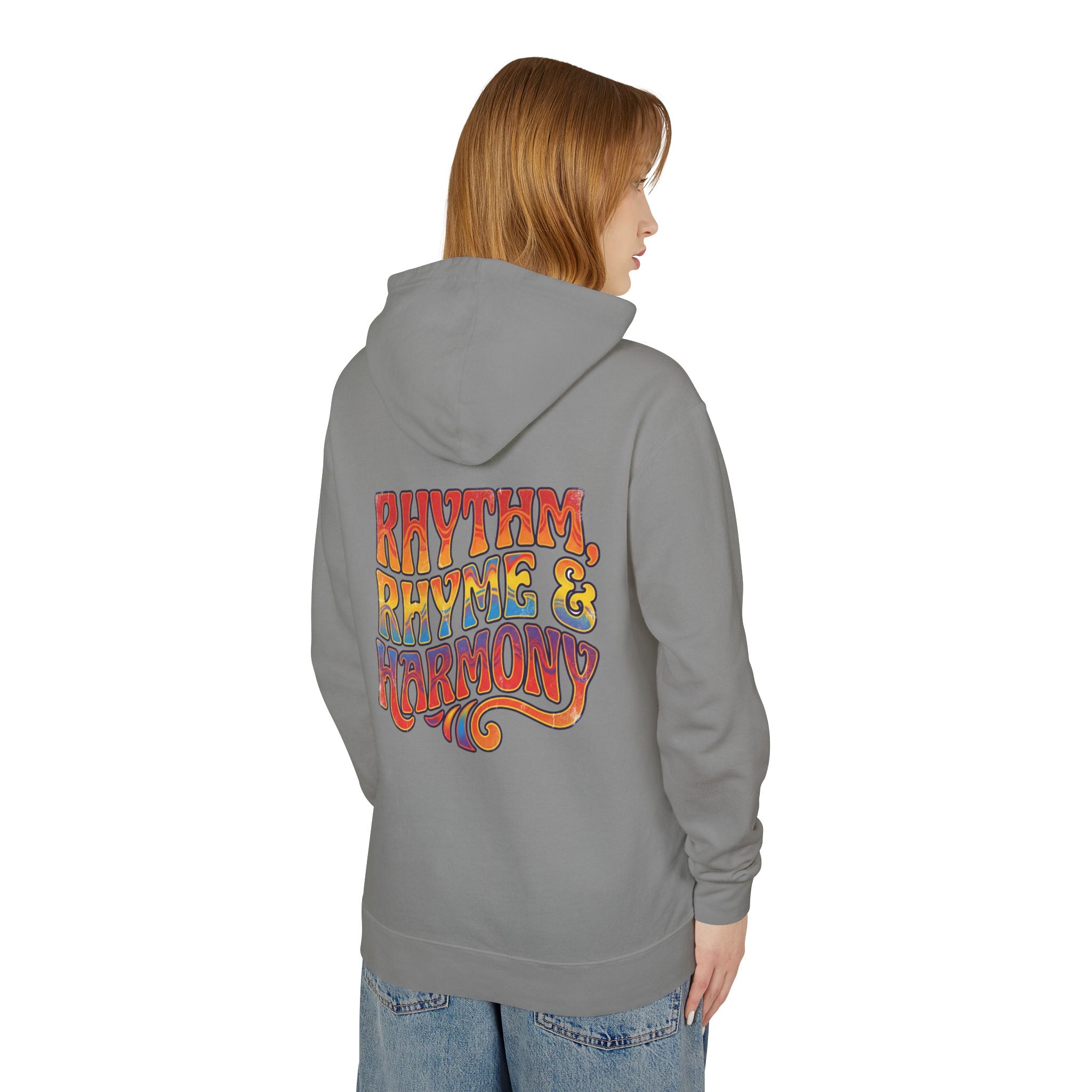 Rhythm Rhyme & Harmony Hoodie — Retro Music Graphic Pullover