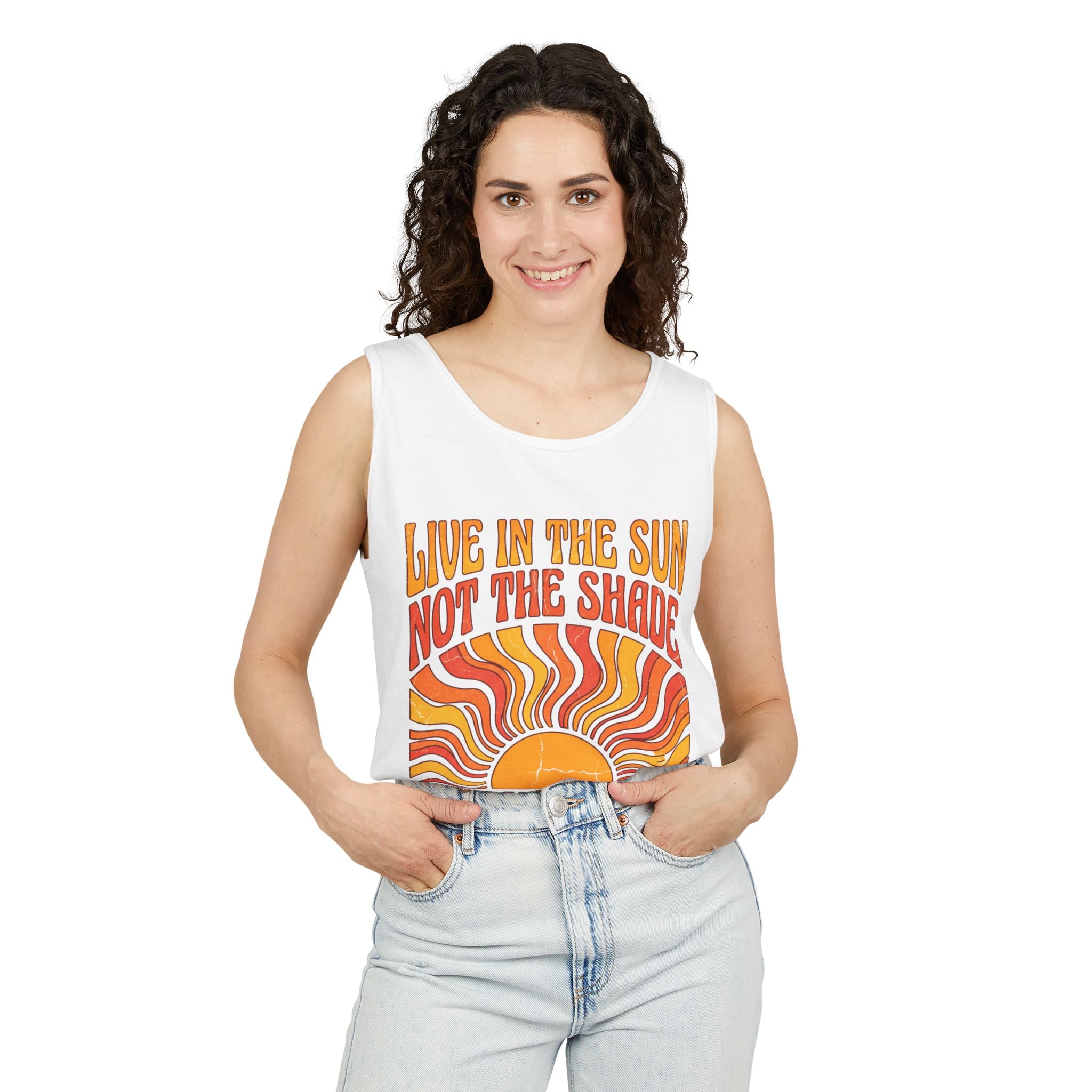 Live in the Sun Tank Top — "Live in the Sun Not the Shade" Retro Sunshine Graphic