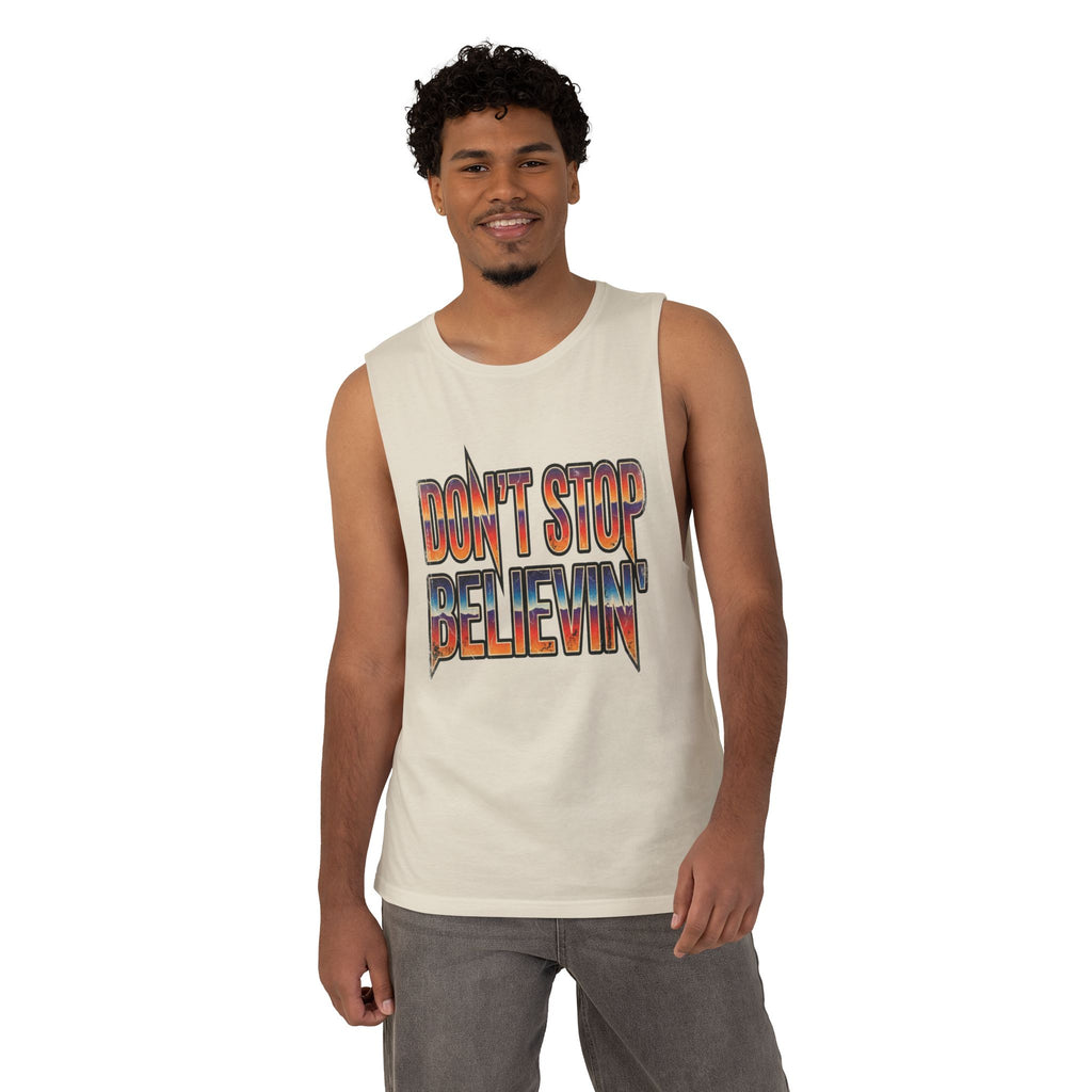 Don't Stop Believin' Tank Top — Retro Sunset Graphic Sleeveless Tee