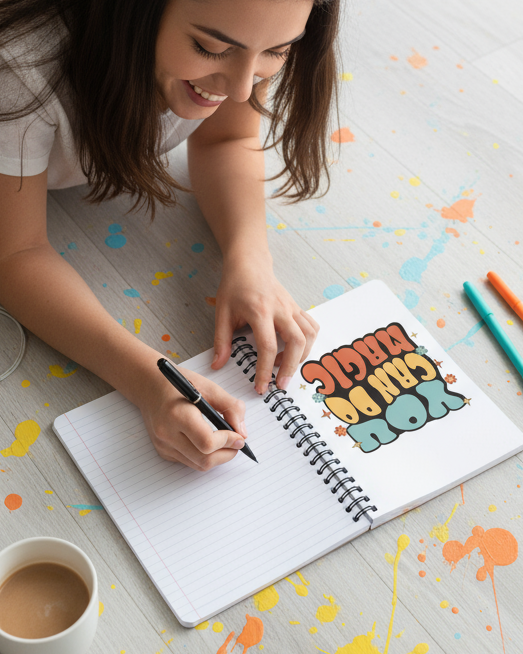 Woman drawing in a notebook with colorful confetti on the floor, phone, and coffee cup nearby.