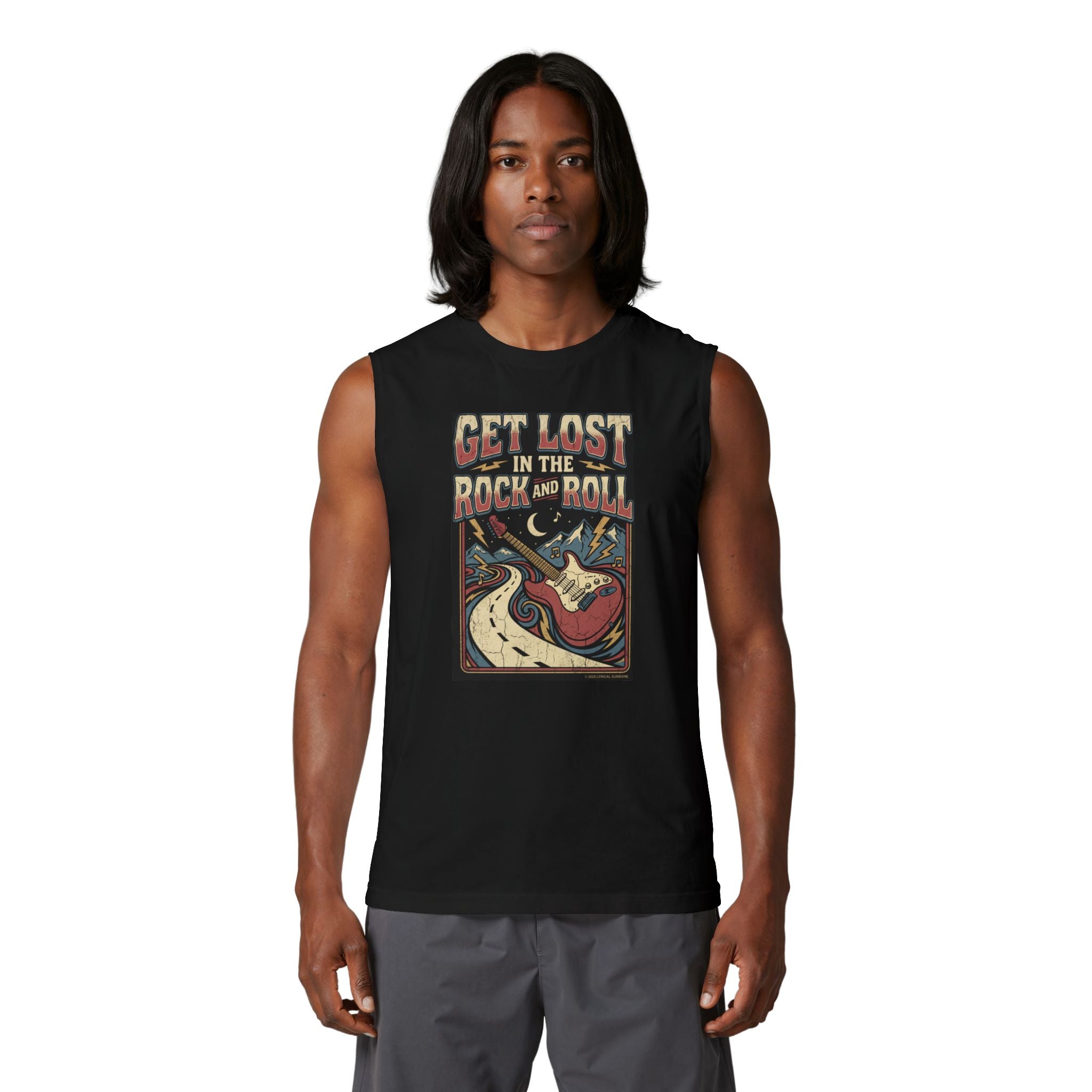 Rock & Roll Muscle Tank Top — "Get Lost in the Rock and Roll" Vintage Guitar Tee