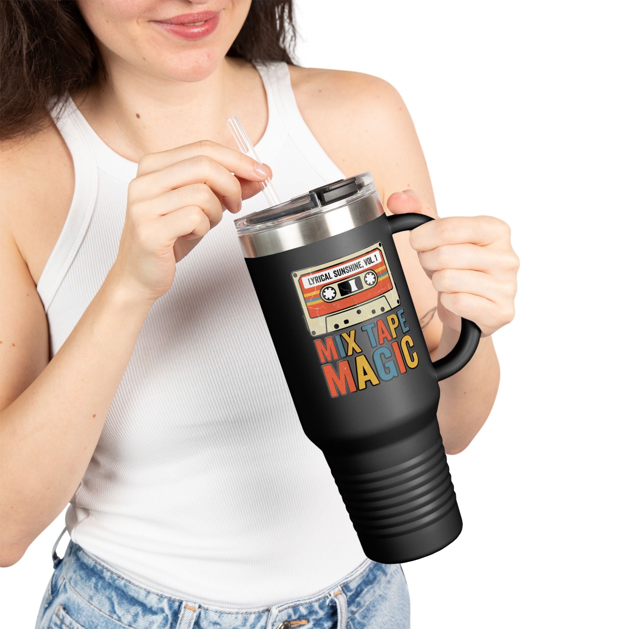 Mix Tape Magic 40oz Insulated Travel Mug — Retro Cassette Coffee Tumbler
