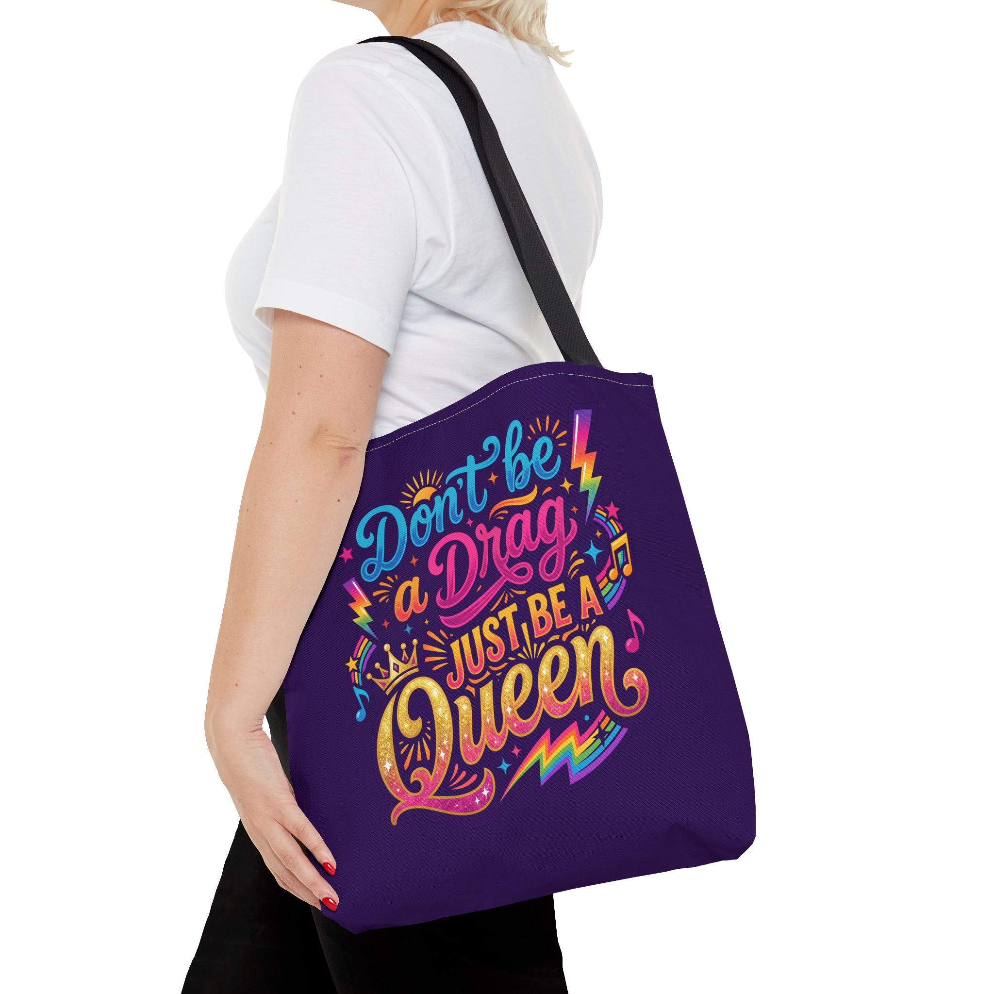 Don't Be a Drag Just Be a Queen Tote Bag — Pride Rainbow Graphic Tote