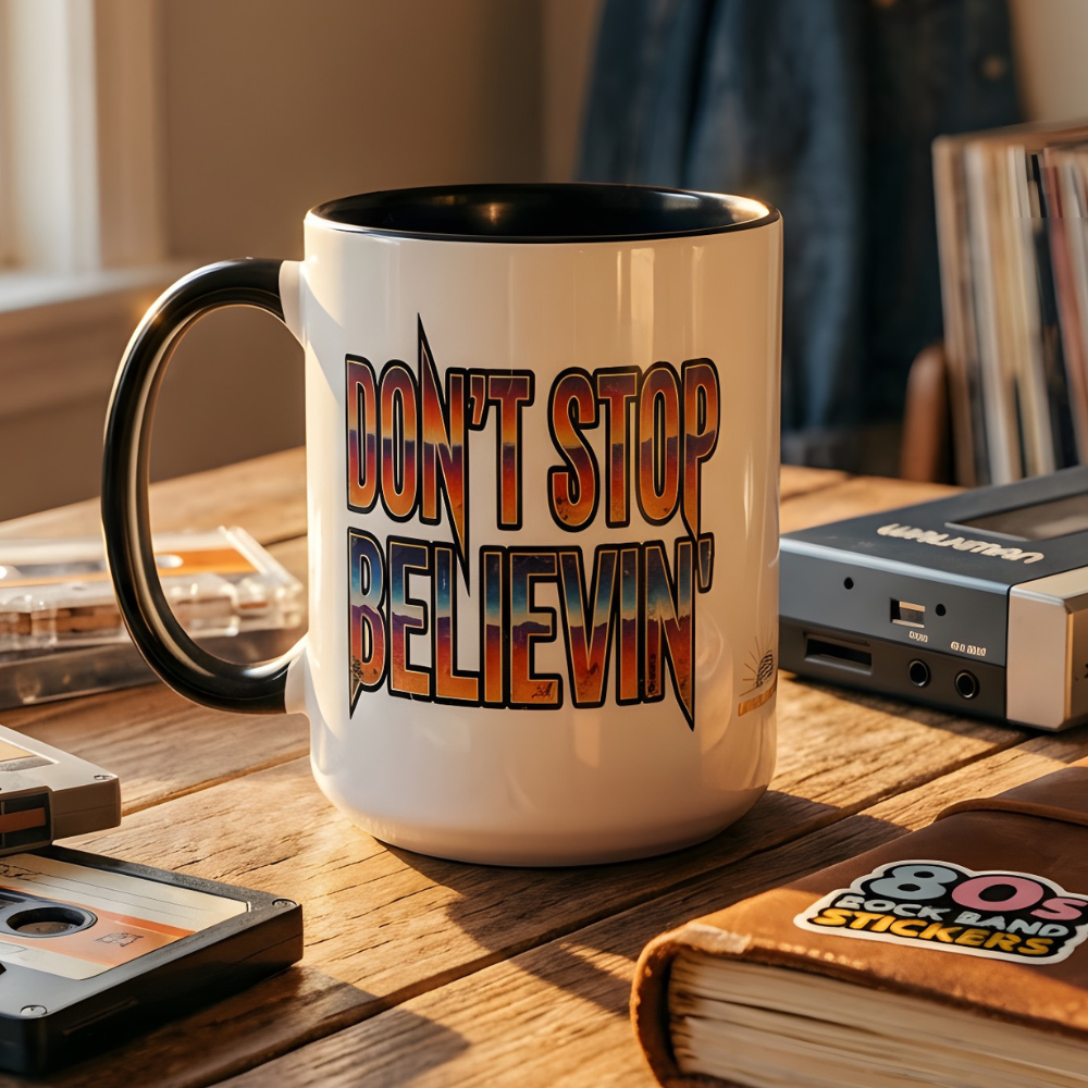 Mug with 'Don't Stop Believing' text on a wooden table with retro items.