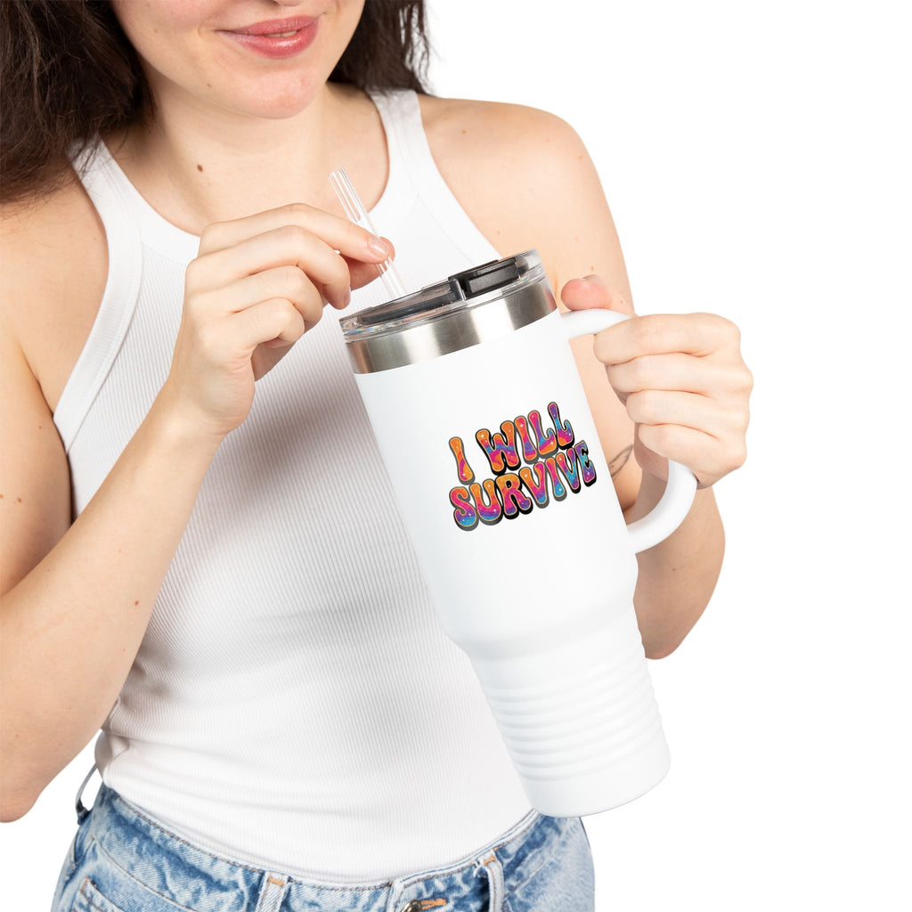 Person holding a white mug with 'I Will Survive' text, wearing a white tank top and blue jeans.