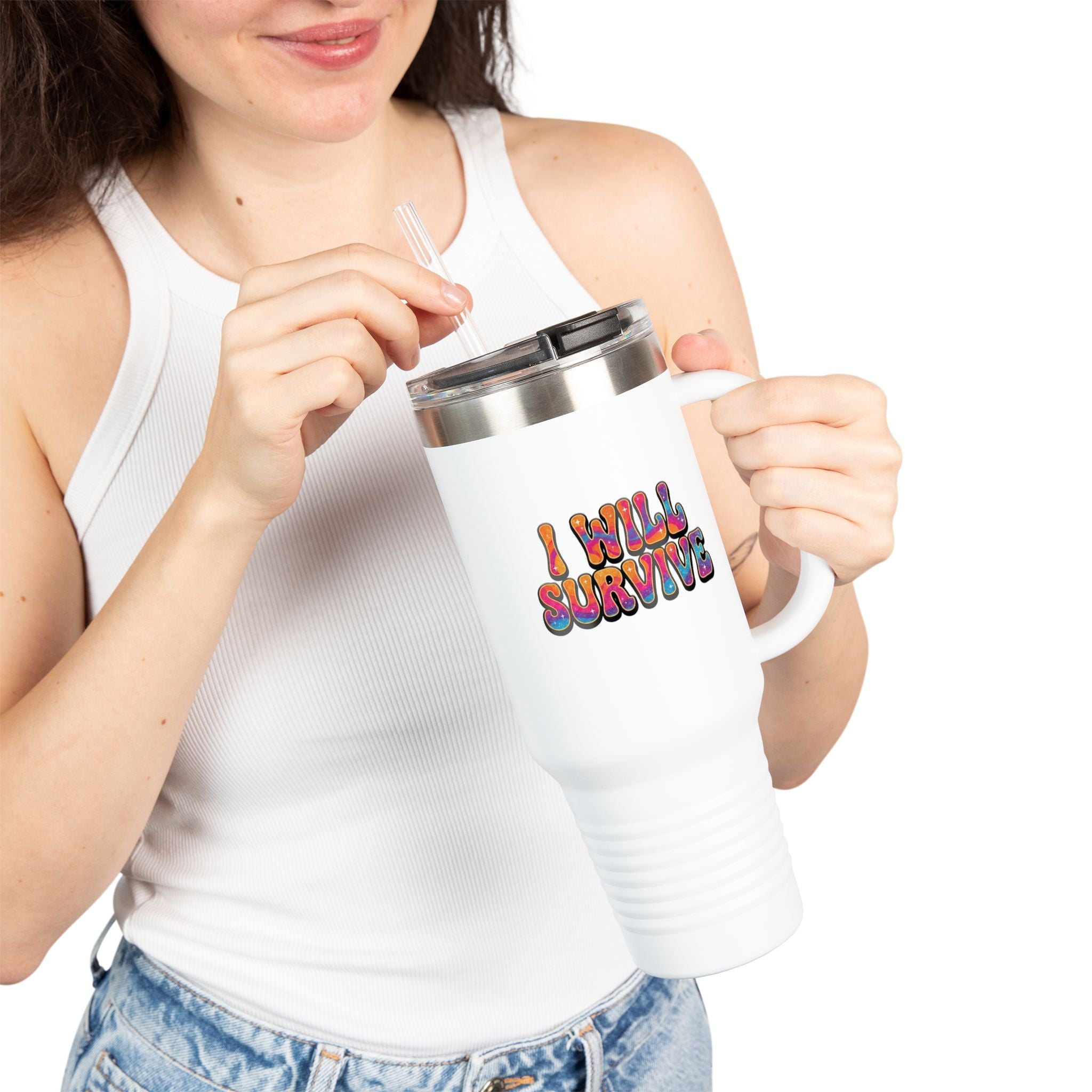 Person holding a white mug with 'I Will Survive' text, wearing a white tank top and blue jeans.