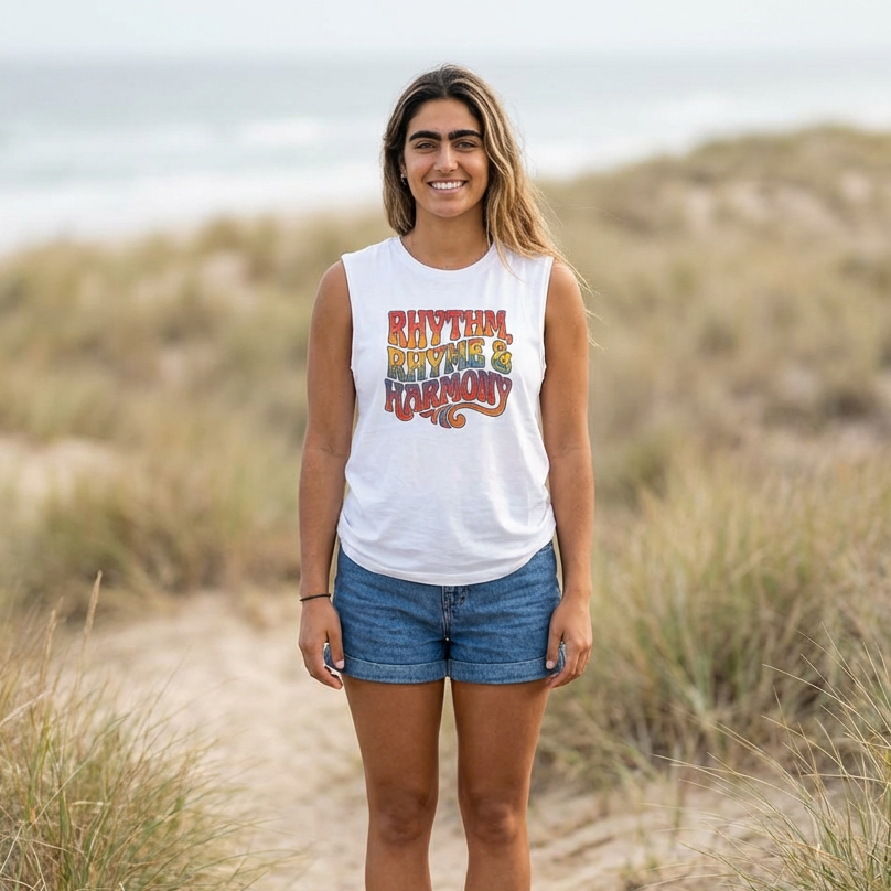 Woman standing on a sandy path with grasses, wearing a white sleeveless shirt and blue shorts.