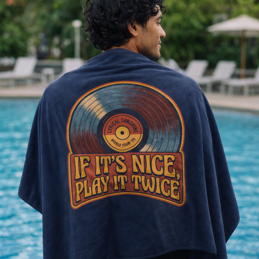 Vintage Vinyl Beach Towel – "If It's Nice, Play It Twice" Retro Record Design