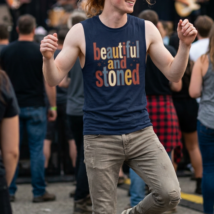 A man with red hair dances in the foreground at a concert, wearing a sleeveless navy blue t-shirt with the text 'beautiful and stoned' in colorful letters, paired with khaki pants.