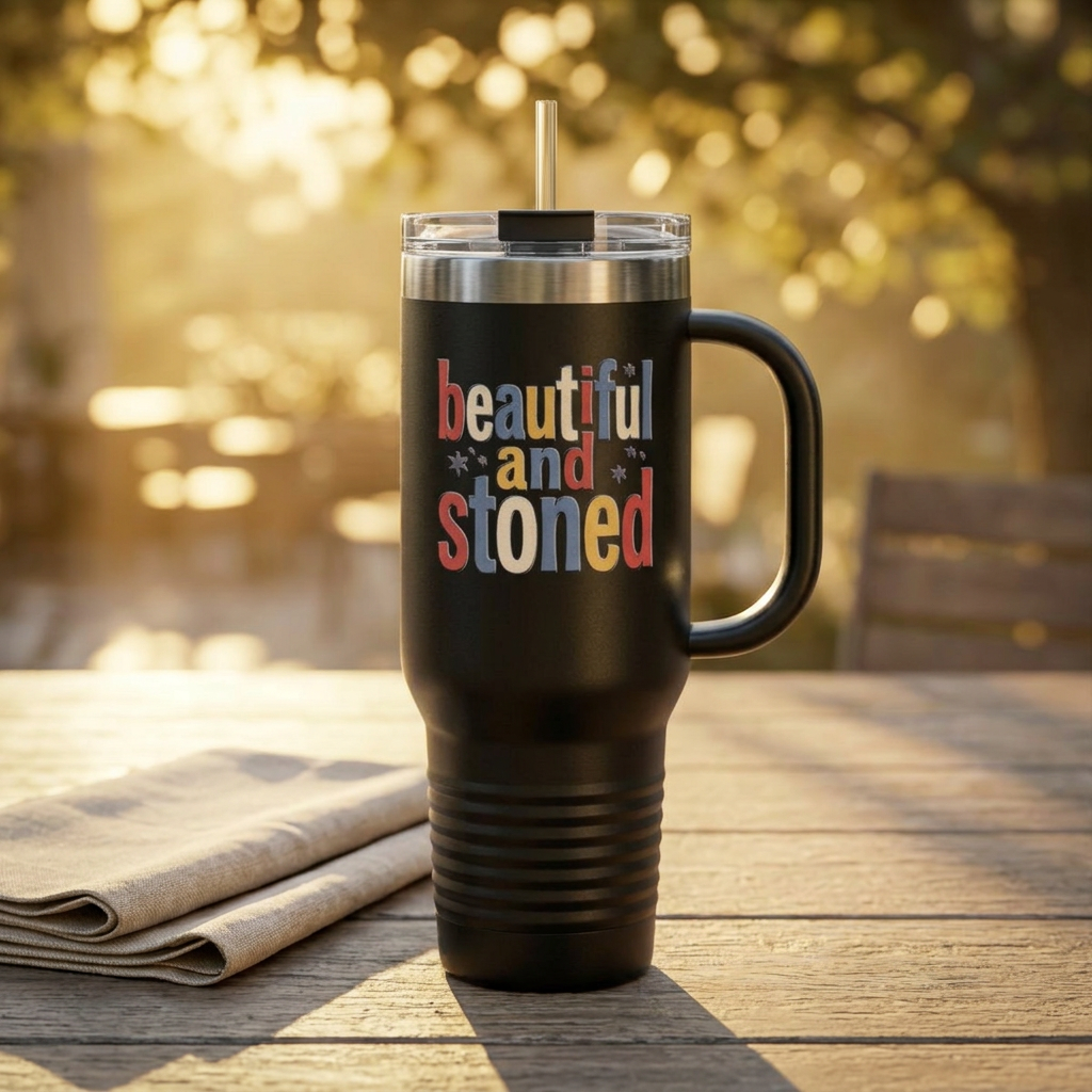 40oz Insulated Travel Mug — "Beautiful and Stoned" Retro Floral Design