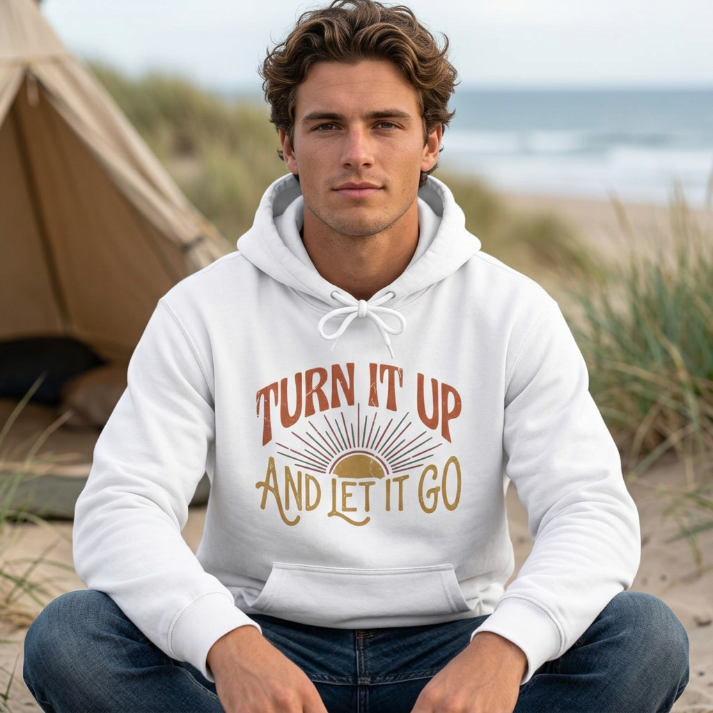 Turn It Up And Let It Go Hoodie — Retro Sunrise Graphic Hooded Sweatshirt