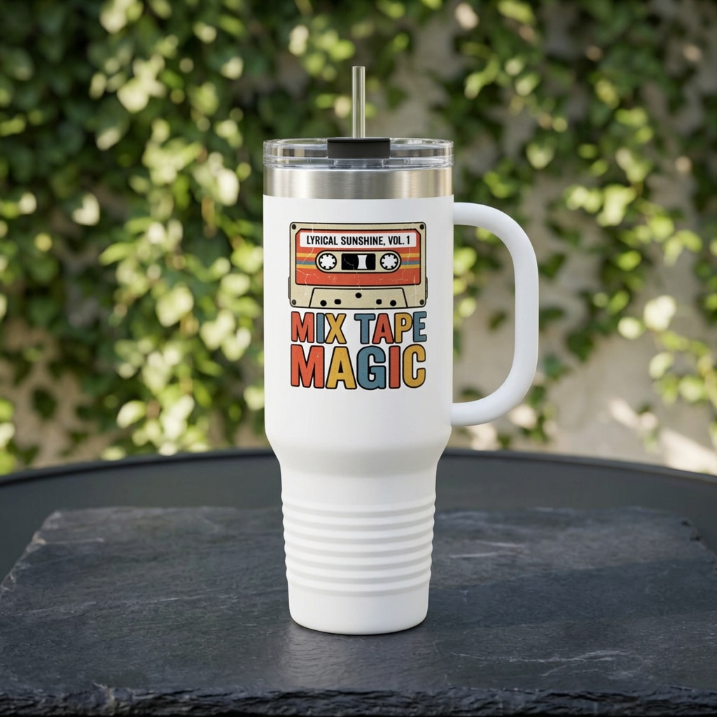 Mix Tape Magic 40oz Insulated Travel Mug — Retro Cassette Coffee Tumbler