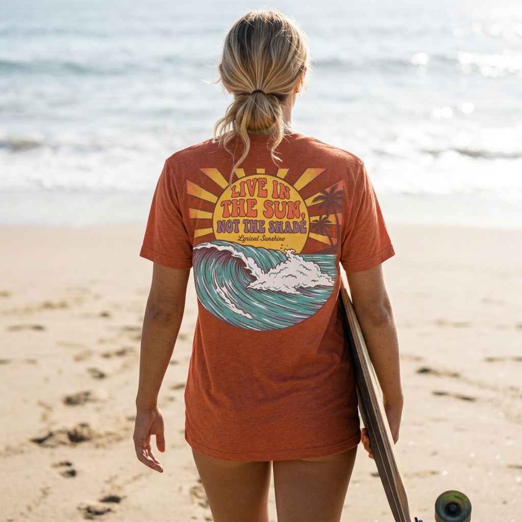 Surf Sunset T‑Shirt — "Live in the Sun, Not the Shade" Graphic Tee