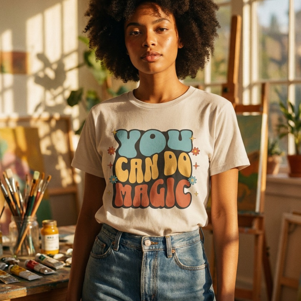 Person wearing a 'You Can Do Magic' t-shirt in a sunlit room with art supplies.