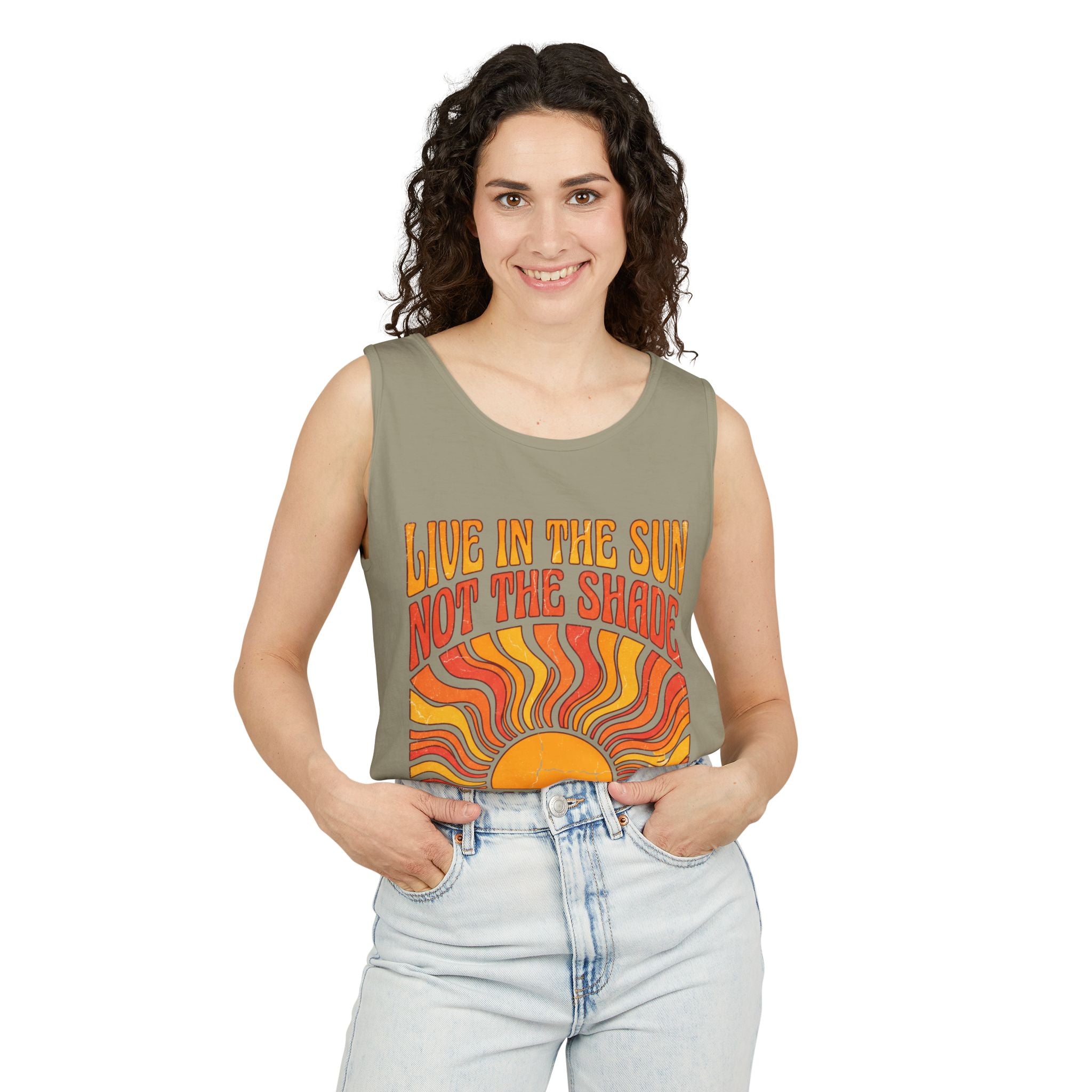 Live in the Sun Tank Top — "Live in the Sun Not the Shade" Retro Sunshine Graphic