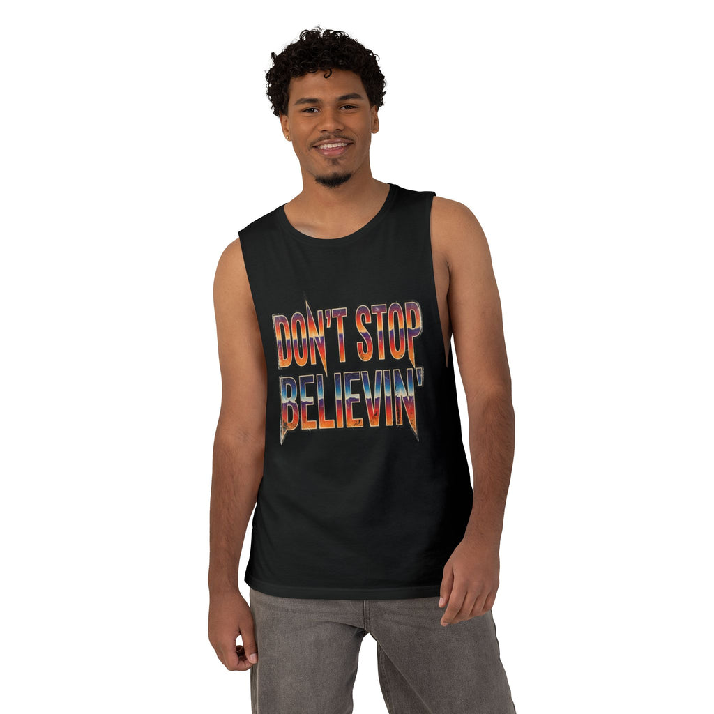 Don't Stop Believin' Tank Top — Retro Sunset Graphic Sleeveless Tee