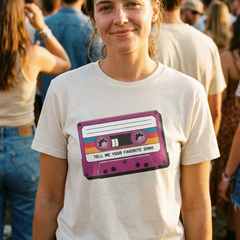 Woman wearing a t-shirt with a cassette tape design at a music festival.
