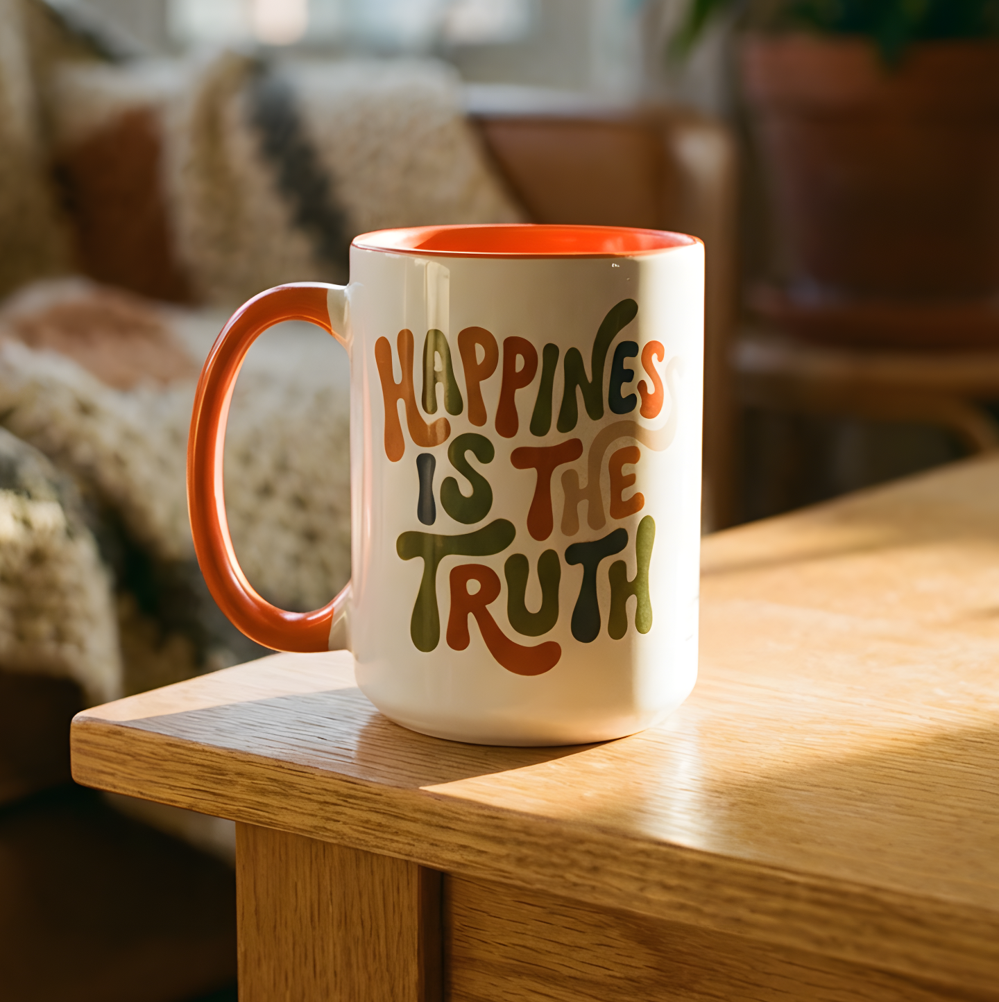 Mug with 'Happiness is the Truth' text on a wooden table in a cozy living room.