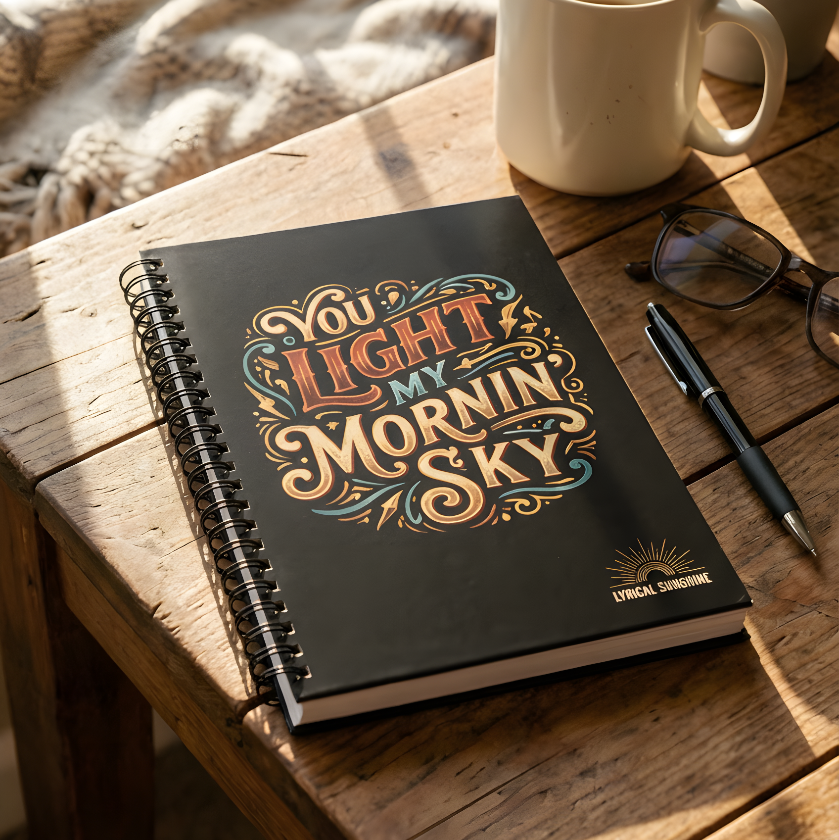 Notebook with decorative cover on a wooden table with a mug and glasses.
