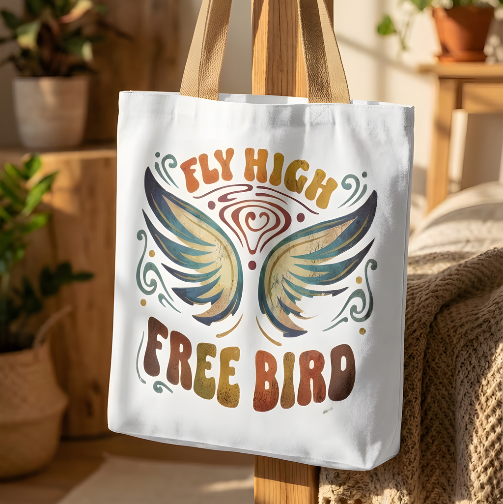 Tote bag with 'Fly High Free Bird' design hanging on a wooden rack in a home setting.