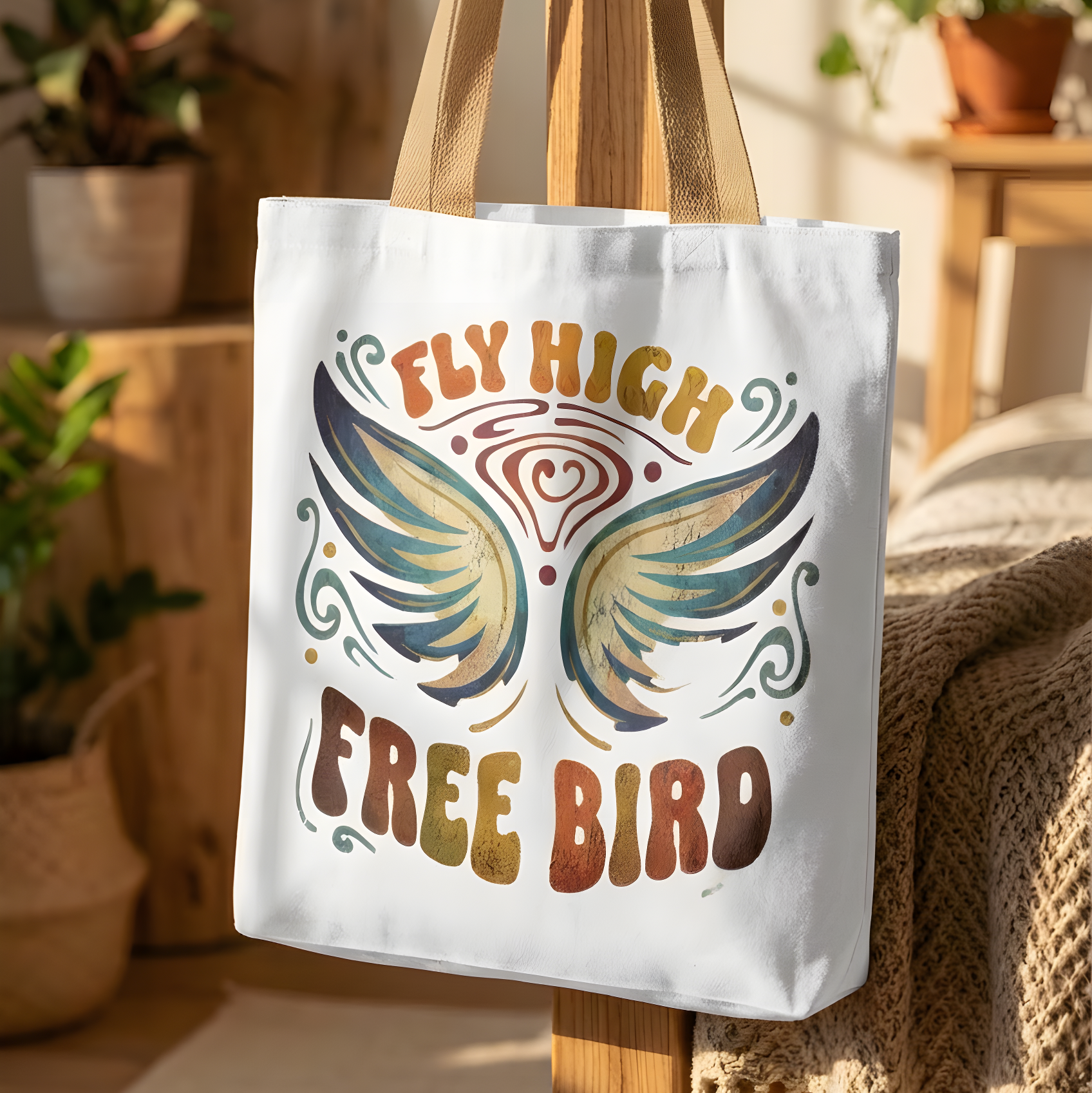 Tote bag with 'Fly High Free Bird' design hanging on a wooden rack in a home setting.